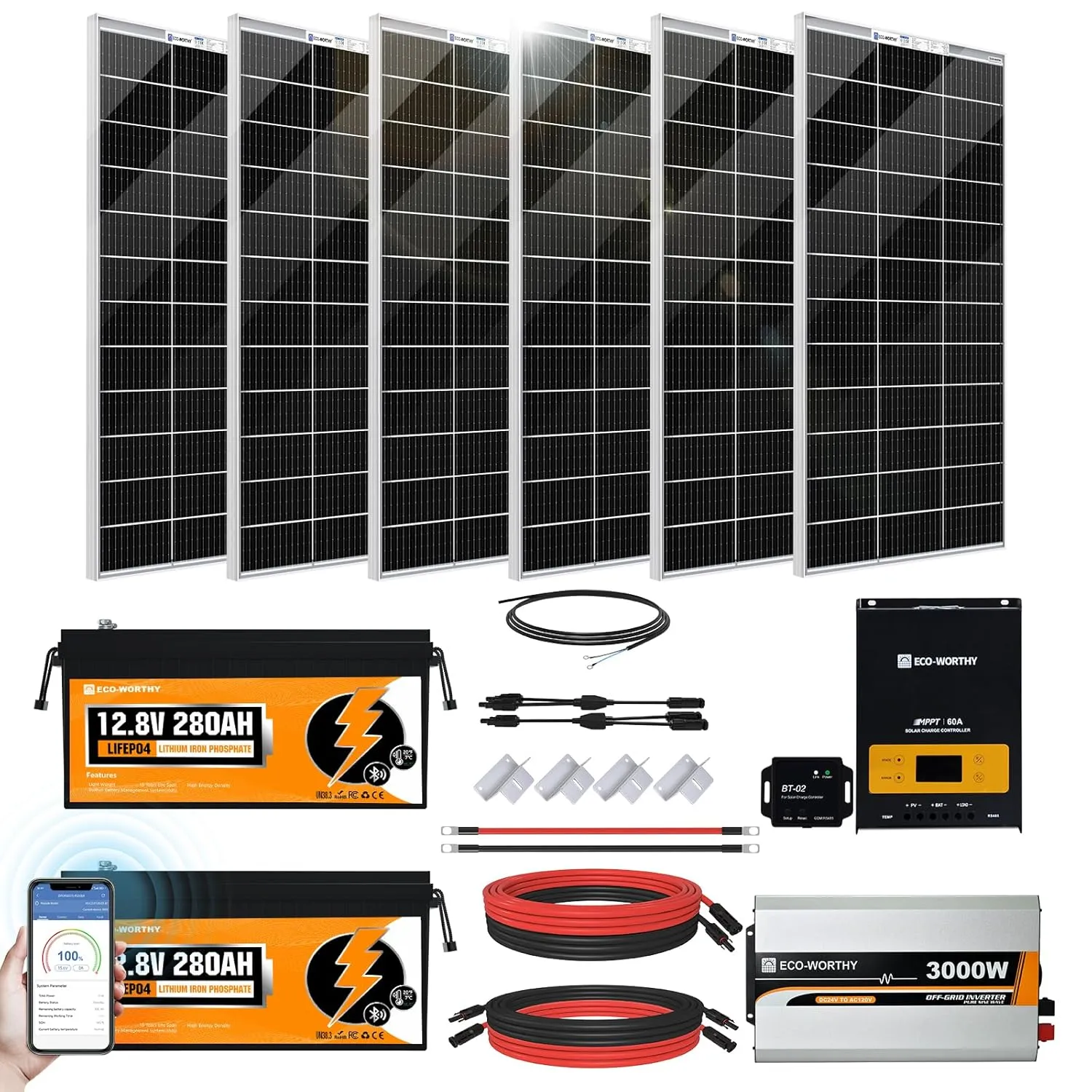 [Ultra] ECO-WORTHY 1200W 24V 5.52KWH Lithium Battery Solar System Off Grid:6pcs 195W Bifacial Solar Panels 2Pcs 12.8V 280Ah Lithium Battery 60A MPPT Charge Controller 3000W Pure Sine Wave Inverter