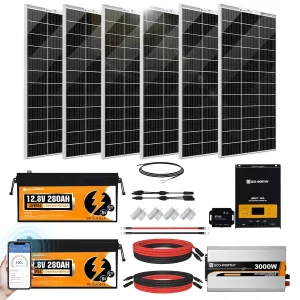 [Ultra] ECO-WORTHY 1200W 24V 5.52KWH Lithium Battery Solar System Off Grid:6pcs 195W Bifacial Solar Panels 2Pcs 12.8V 280Ah Lithium Battery 60A MPPT Charge Controller 3000W Pure Sine Wave Inverter