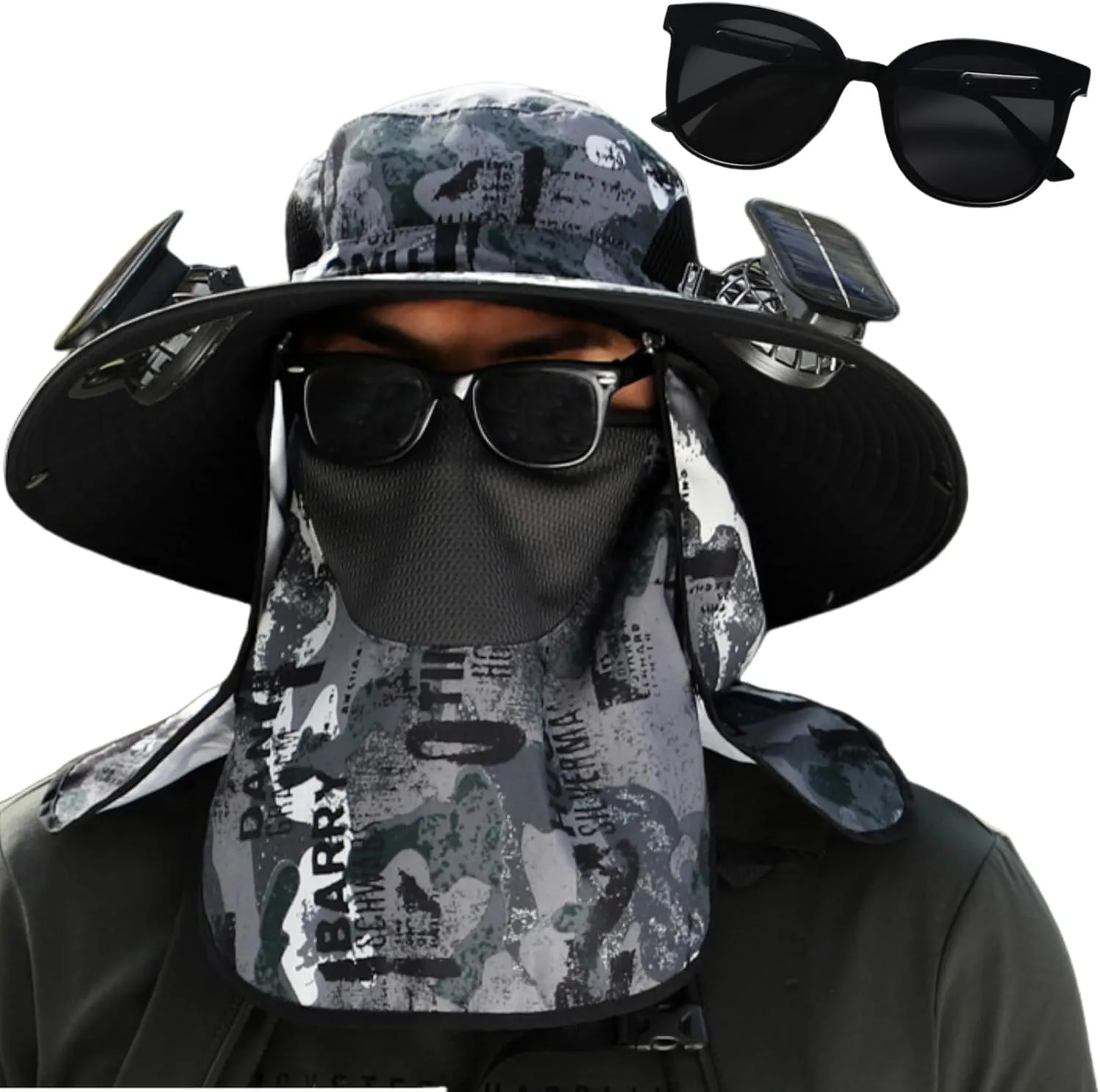 Ultralight Solar Fan Sun Hat, Wide Brim Solar Fan Outdoor Fishing Hat with Solar Fans and Mask, UPF 50  Solar Powered Fan Hat