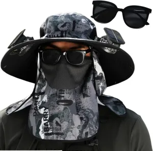 Ultralight Solar Fan Sun Hat, Wide Brim Solar Fan Outdoor Fishing Hat with Solar Fans and Mask, UPF 50  Solar Powered Fan Hat