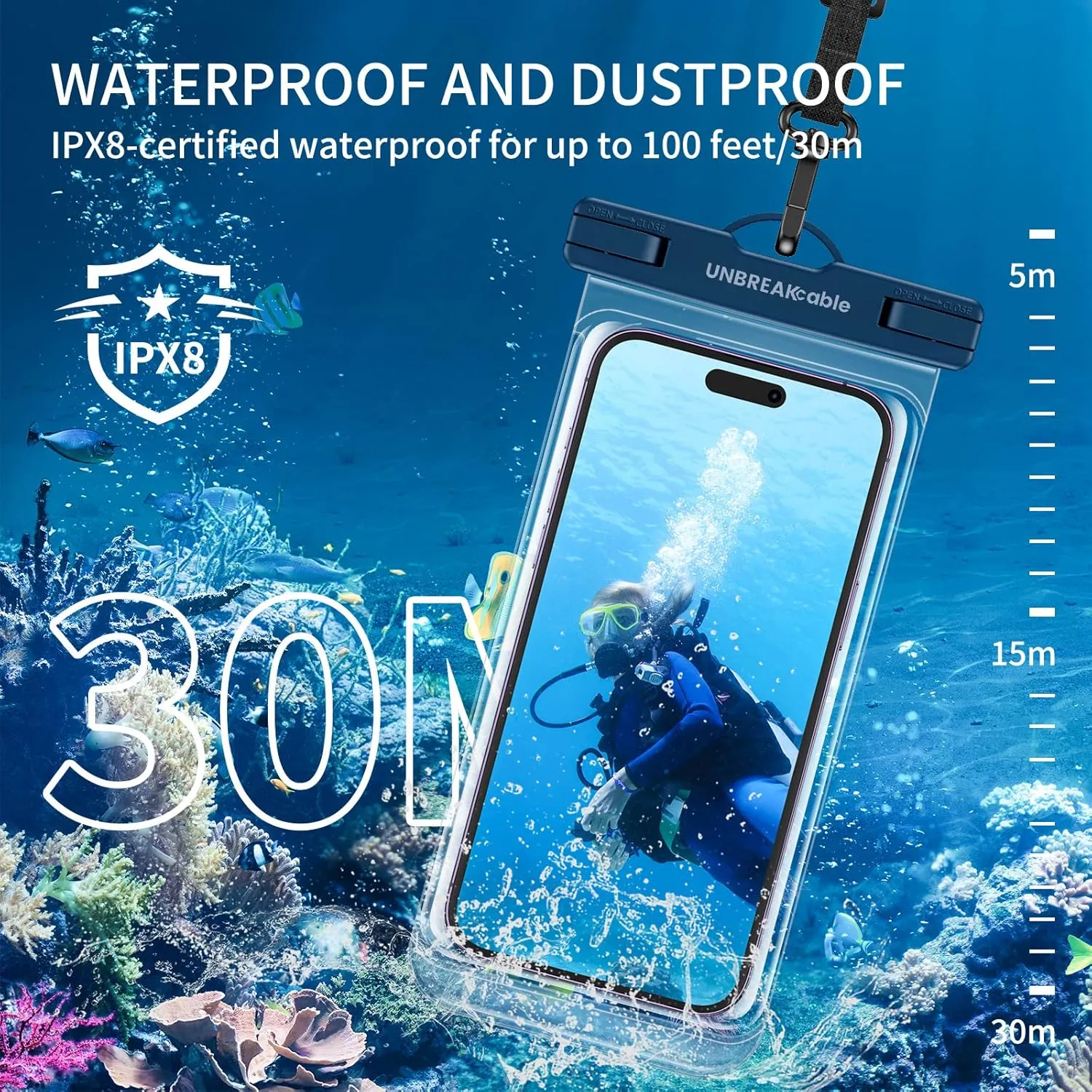 UNBREAKcable Waterproof Phone Pouch-2 Pack IPX8 Waterproof Phone Case for iPhone 16 15 14 13 12 11 Pro Max & Samsung S25 S24-Dry Bag & Travel Essentials for Beach, Pool, Kayak & Cruise-7" Black Blue