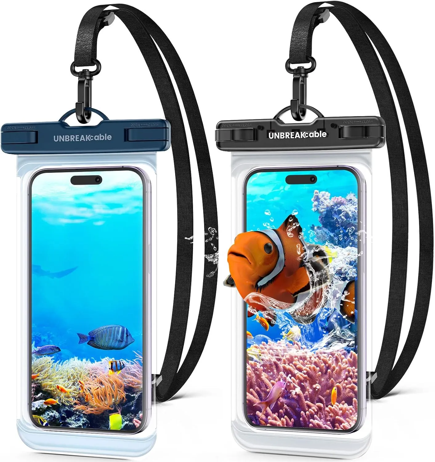 UNBREAKcable Waterproof Phone Pouch-2 Pack IPX8 Waterproof Phone Case for iPhone 16 15 14 13 12 11 Pro Max & Samsung S25 S24-Dry Bag & Travel Essentials for Beach, Pool, Kayak & Cruise-7" Black Blue