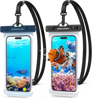 UNBREAKcable Waterproof Phone Pouch-2 Pack IPX8 Waterproof Phone Case for iPhone 16 15 14 13 12 11 Pro Max & Samsung S25 S24-Dry Bag & Travel Essentials for Beach, Pool, Kayak & Cruise-7" Black Blue