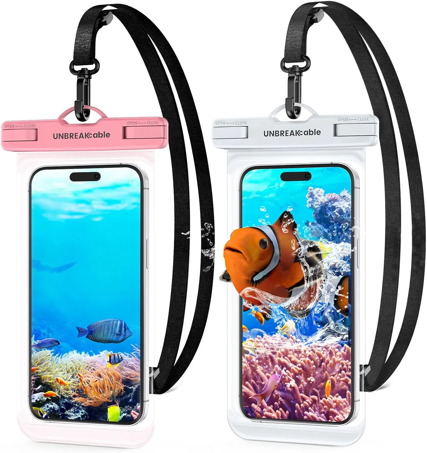 UNBREAKcable Waterproof Phone Pouch-2 Pack IPX8 Waterproof Phone Case for iPhone 16 15 14 13 12 11 Pro Max & Samsung S25 S24-Dry Bag & Travel Essentials for Beach, Pool, Kayak & Cruise-7" Pink White