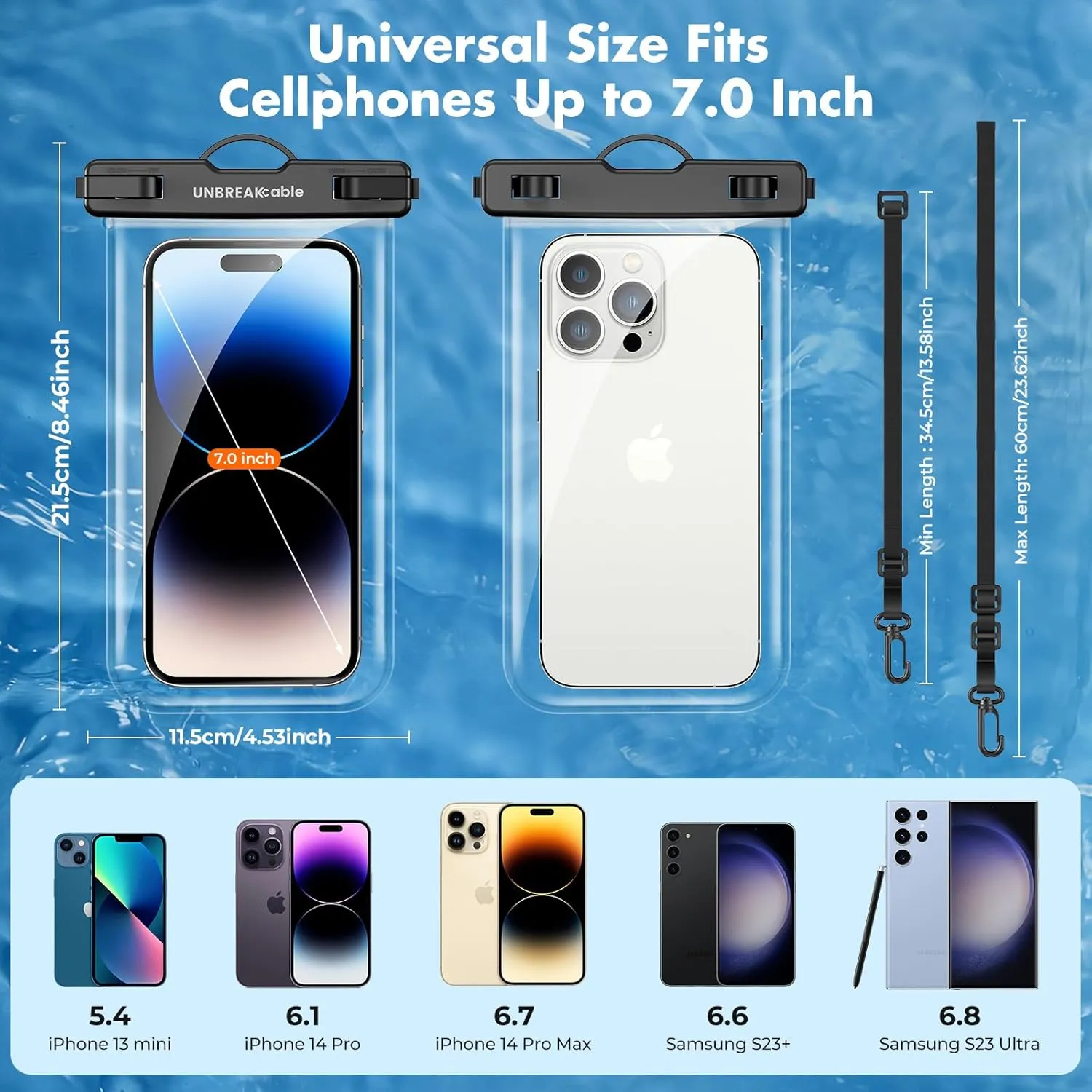 UNBREAKcable Waterproof Phone Pouch-2 Pack IPX8 Waterproof Phone Case for iPhone 16 15 14 13 12 11 Pro Max & Samsung S25 S24 S23-Dry Bag & Travel Essentials for Beach, Pool, Kayak & Cruise-7"