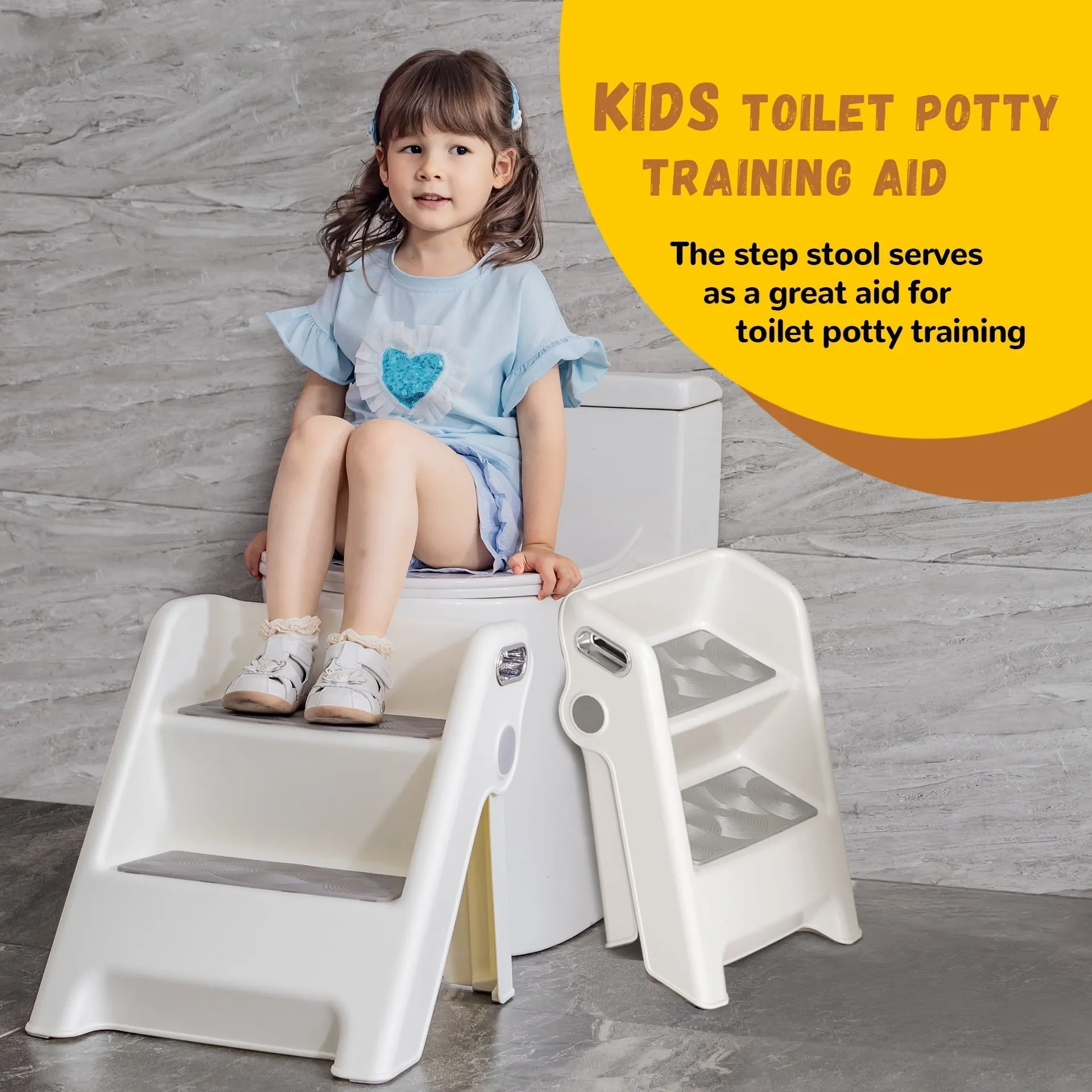 UNCLE WU Folding 2 Step Stool for Kids -Potty Training Stool for Kitchen Helper,Bathroom,Bedroom (White)