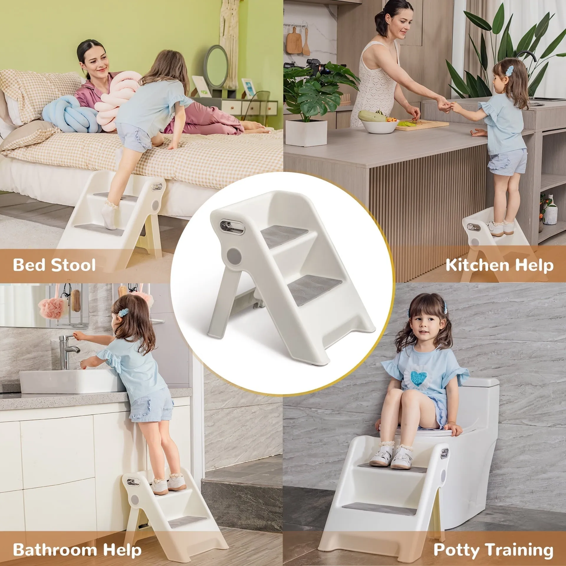 UNCLE WU Folding 2 Step Stool for Kids -Potty Training Stool for Kitchen Helper,Bathroom,Bedroom (White)