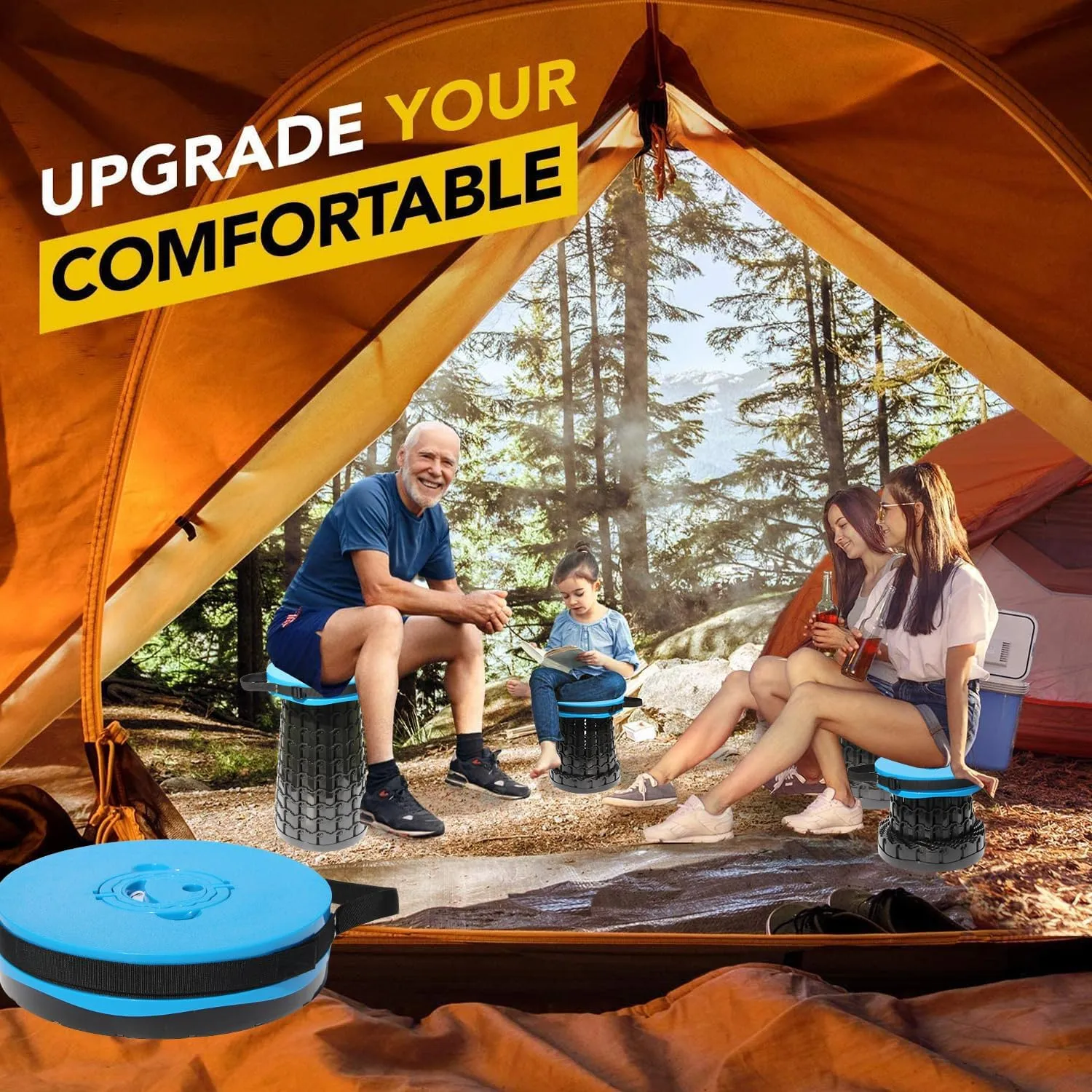 Upgraded 19.7"Portable Collapsible Folding Stool with Cushion Retractable Telescoping Foldable Stool for Adults Heavy Duty Camping Sturdy with Max Load Capacity 1000lbs for Outdoor Fishing Hiking BBQ