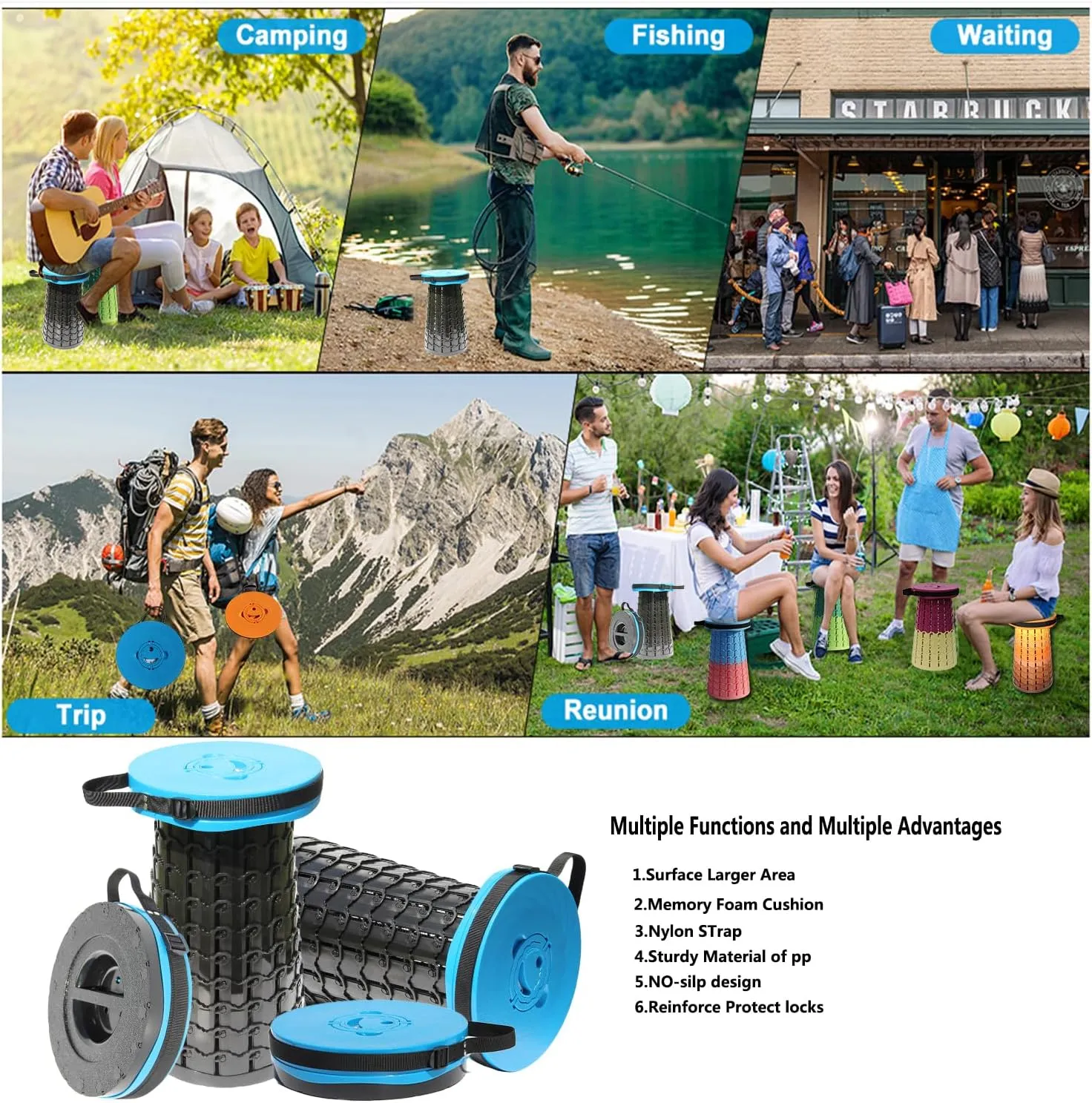 Upgraded 19.7"Portable Collapsible Folding Stool with Cushion Retractable Telescoping Foldable Stool for Adults Heavy Duty Camping Sturdy with Max Load Capacity 1000lbs for Outdoor Fishing Hiking BBQ