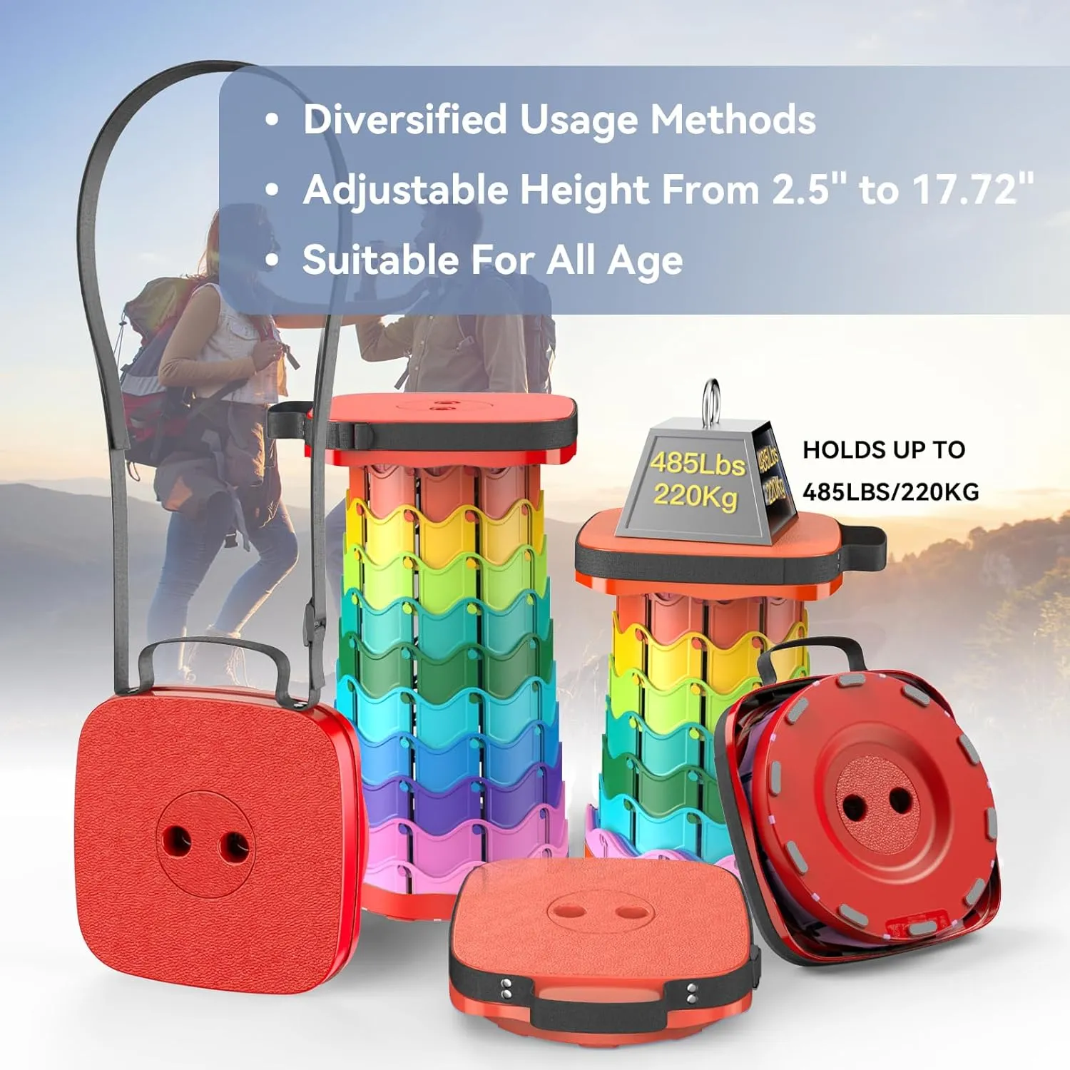 Upgraded Collapsible Stool, Portable Folding Stool, Telescoping Camping Chair with Max Load Capacity 485lbs, Square Retractable Stool for Camping Gardening Fishing Hiking BBQ [Rainbow Red]