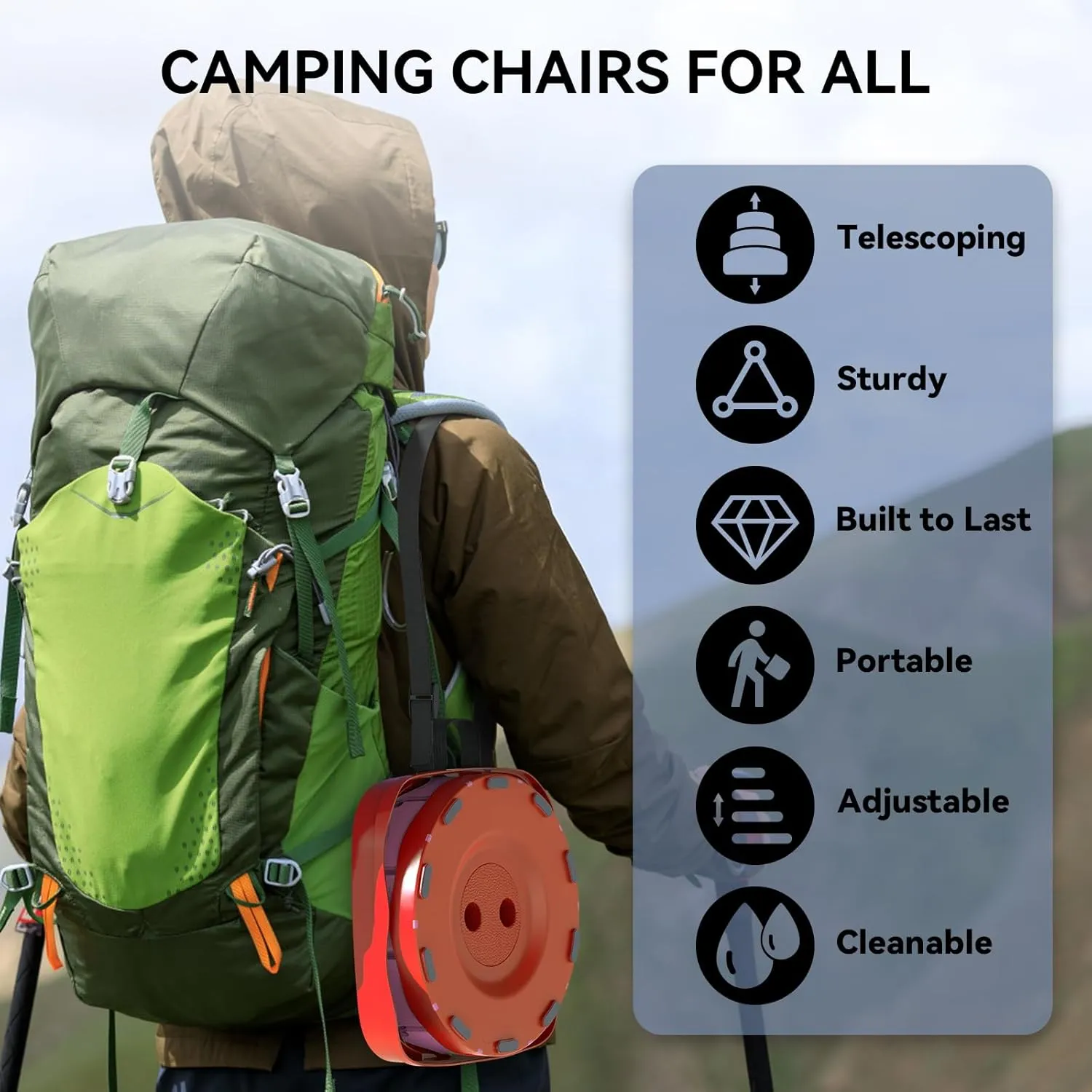 Upgraded Collapsible Stool, Portable Folding Stool, Telescoping Camping Chair with Max Load Capacity 485lbs, Square Retractable Stool for Camping Gardening Fishing Hiking BBQ [Rainbow Red]