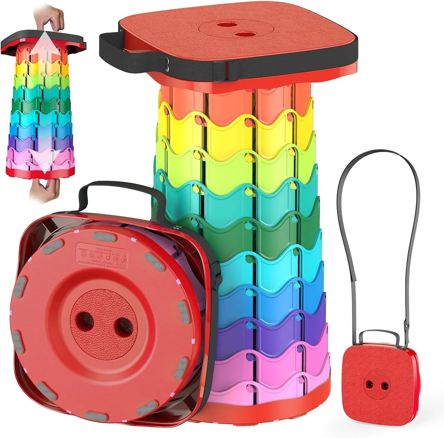 Upgraded Collapsible Stool, Portable Folding Stool, Telescoping Camping Chair with Max Load Capacity 485lbs, Square Retractable Stool for Camping Gardening Fishing Hiking BBQ [Rainbow Red]