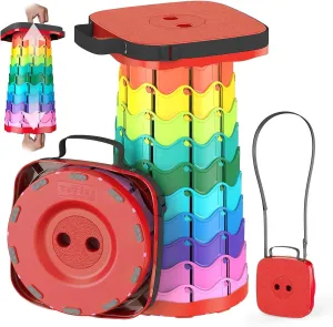 Upgraded Collapsible Stool, Portable Folding Stool, Telescoping Camping Chair with Max Load Capacity 485lbs, Square Retractable Stool for Camping Gardening Fishing Hiking BBQ [Rainbow Red]