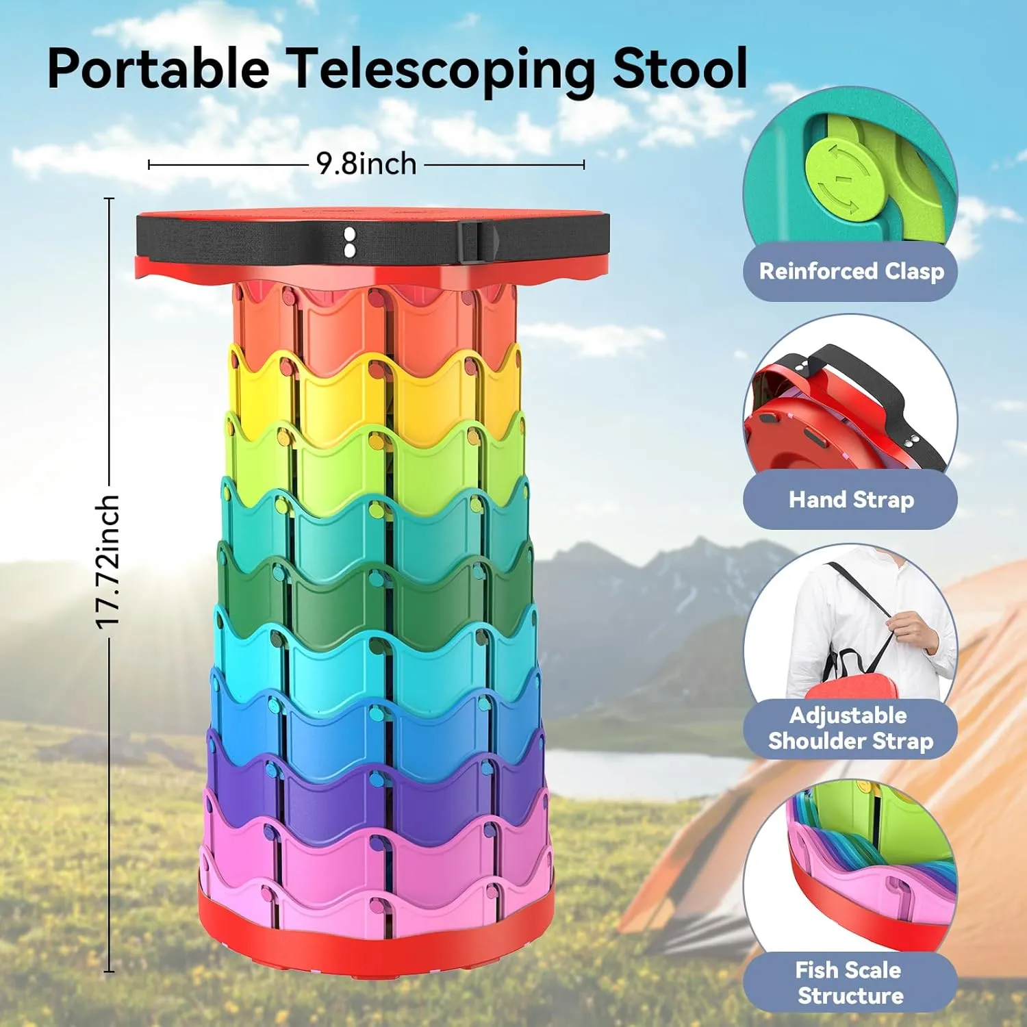 Upgraded Collapsible Stool, Portable Folding Stool, Telescoping Camping Chair with Max Load Capacity 485lbs, Square Retractable Stool for Camping Gardening Fishing Hiking BBQ [Rainbow Red]