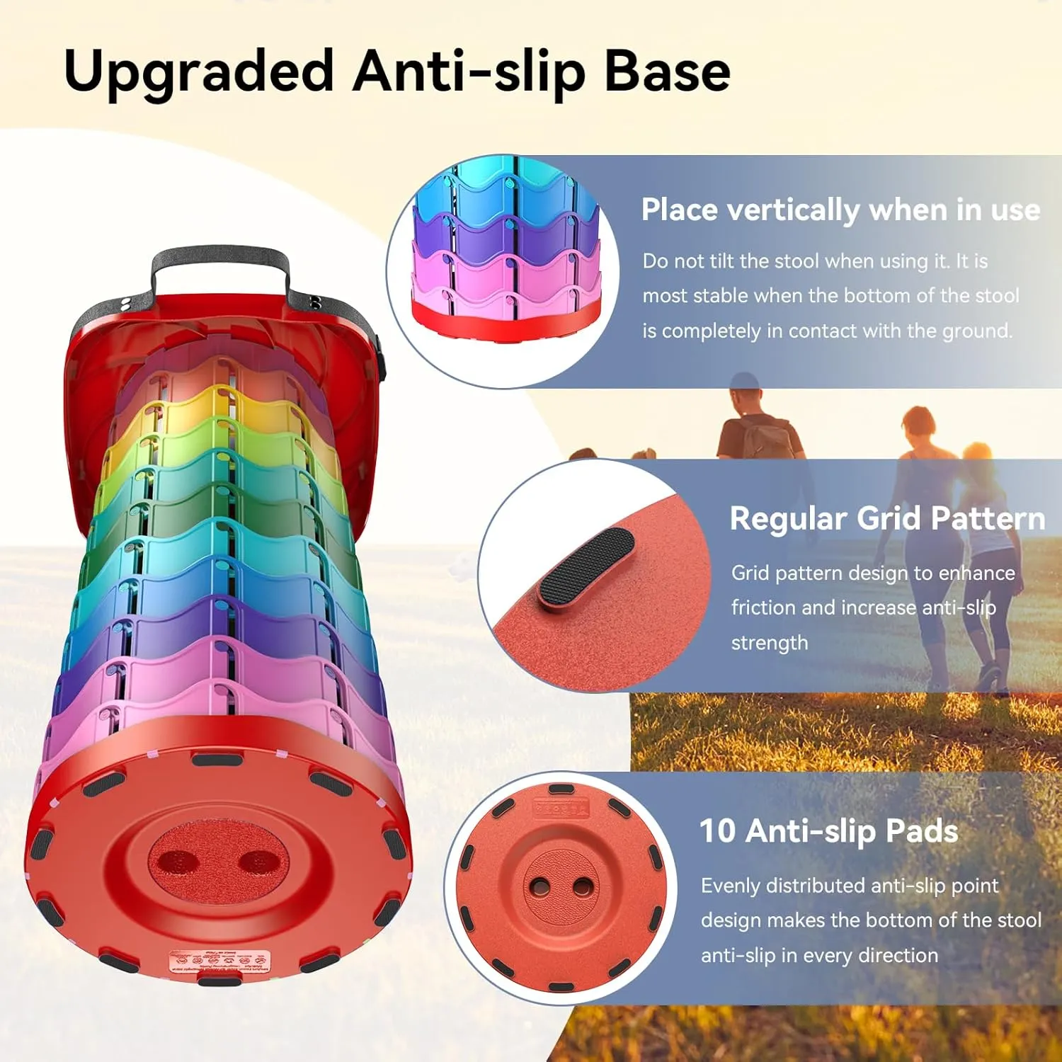 Upgraded Collapsible Stool, Portable Folding Stool, Telescoping Camping Chair with Max Load Capacity 485lbs, Square Retractable Stool for Camping Gardening Fishing Hiking BBQ [Rainbow Red]