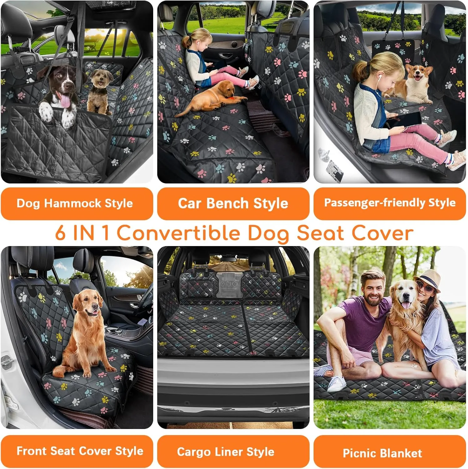 URPOWER 6-in-1 Dog Car Seat Cover for Back Seat, 60/40 Split, Waterproof Dog Car Hammock with Mesh Window, Non-Slip Pet Backseat Protector for Cars, Trucks and SUVs