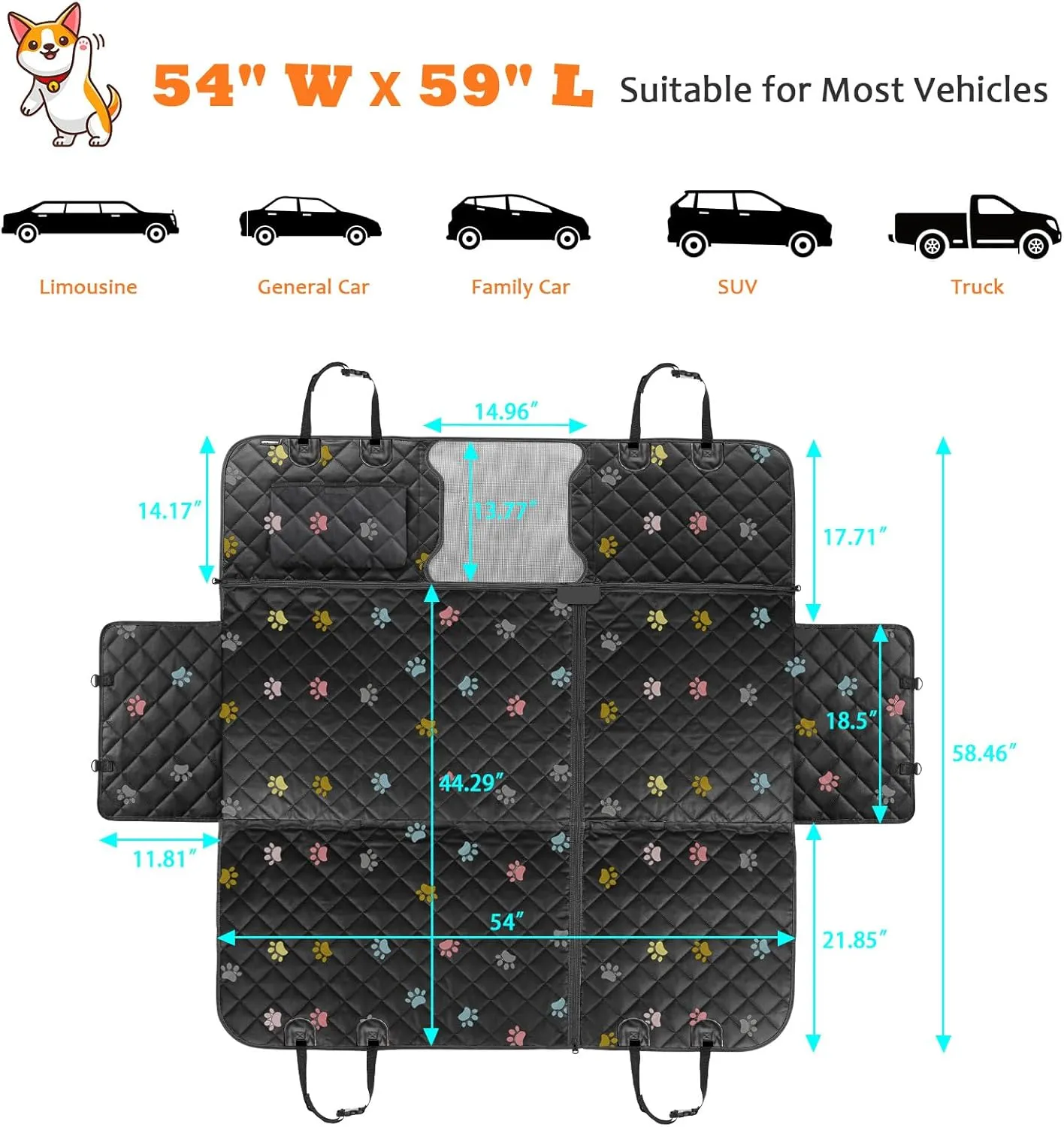 URPOWER 6-in-1 Dog Car Seat Cover for Back Seat, 60/40 Split, Waterproof Dog Car Hammock with Mesh Window, Non-Slip Pet Backseat Protector for Cars, Trucks and SUVs