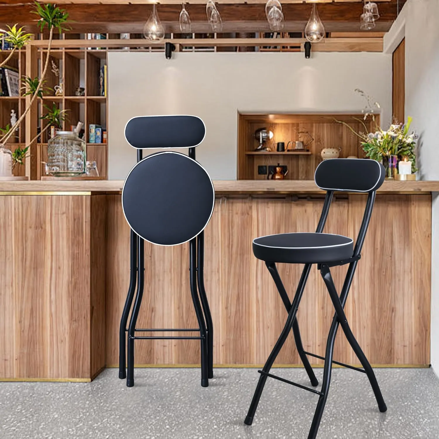 UWEAR Folding Bar Stool with Back,Tall Foldable Stools Leather Padded Counter Height Folding Chairs,Bar Collapsible Stools for Adults Kitchen Island Guitar Shop Cafe Barstools(2 PCS Black)