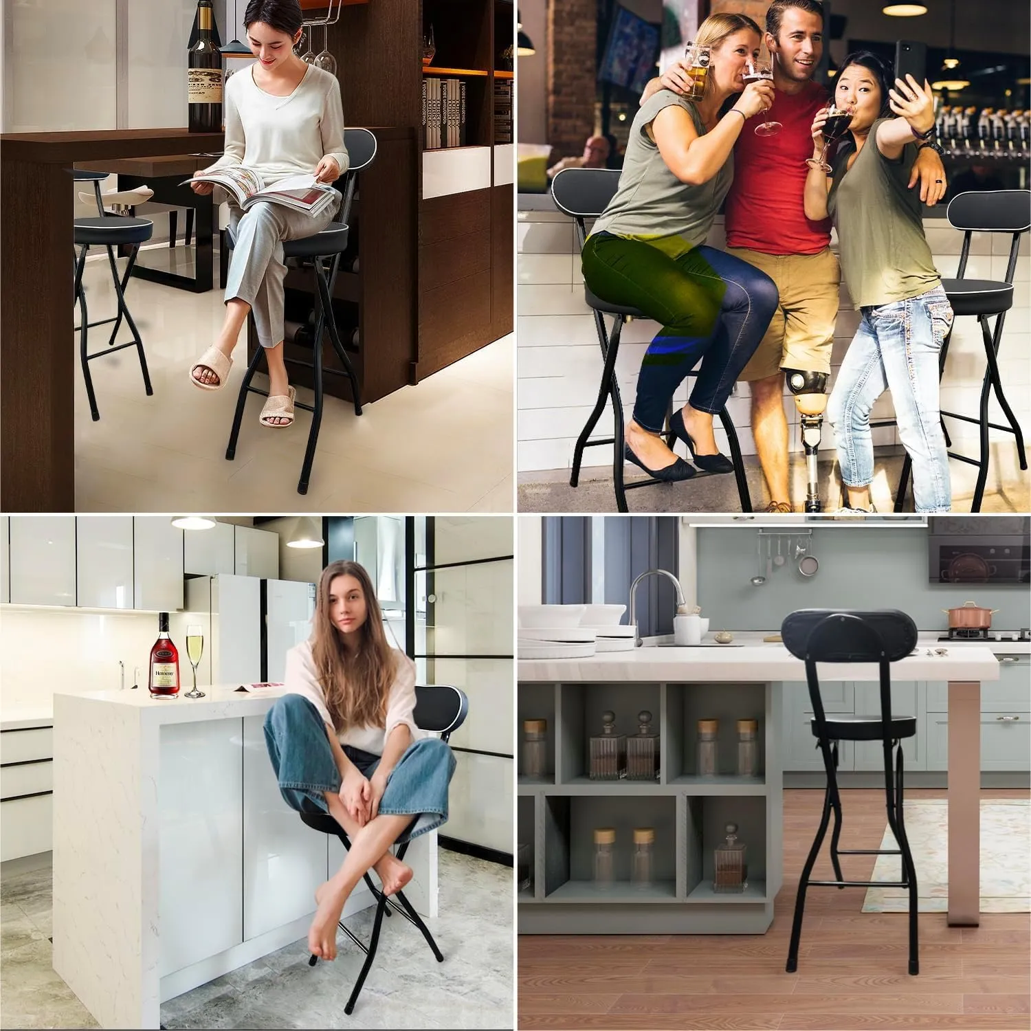 UWEAR Folding Bar Stool with Back,Tall Foldable Stools Leather Padded Counter Height Folding Chairs,Bar Collapsible Stools for Adults Kitchen Island Guitar Shop Cafe Barstools(2 PCS Black)
