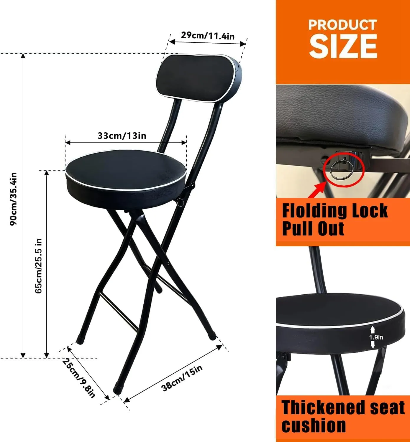 UWEAR Folding Bar Stool with Back,Tall Foldable Stools Leather Padded Counter Height Folding Chairs,Bar Collapsible Stools for Adults Kitchen Island Guitar Shop Cafe Barstools(2 PCS Black)