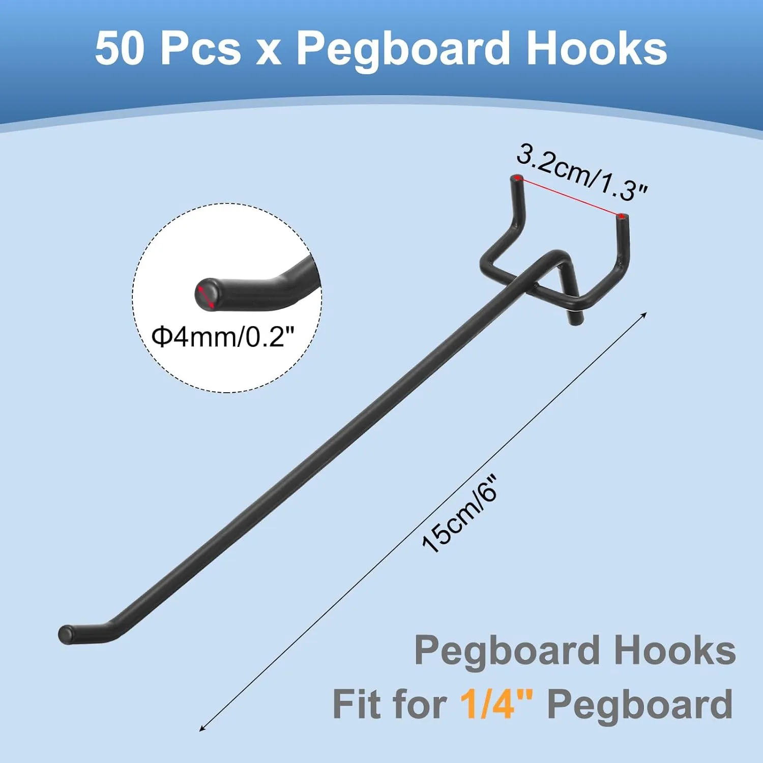 uxcell 50 Pcs Heavy Duty Pegboard Hooks, 6-inch Shelving Hooks for 1/4" Pegboard, Pegboard Display Hook Holder Organizer for Garage, Office, and Kitchen, Black