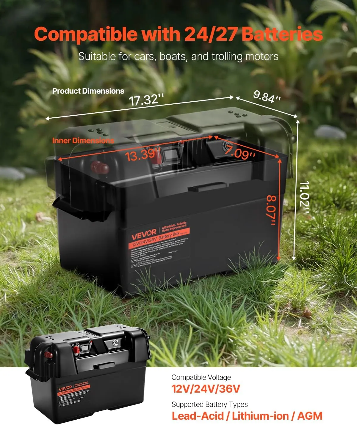VEVOR Battery Box, Group 24-27 Trolling Motor Battery Box, 12V/24V/36V Marine Batteries Case with PP Shell and Dual Straps, Smart Batteries Case, Suitable for Trolling Motor, Marine,RV & Solar Panel