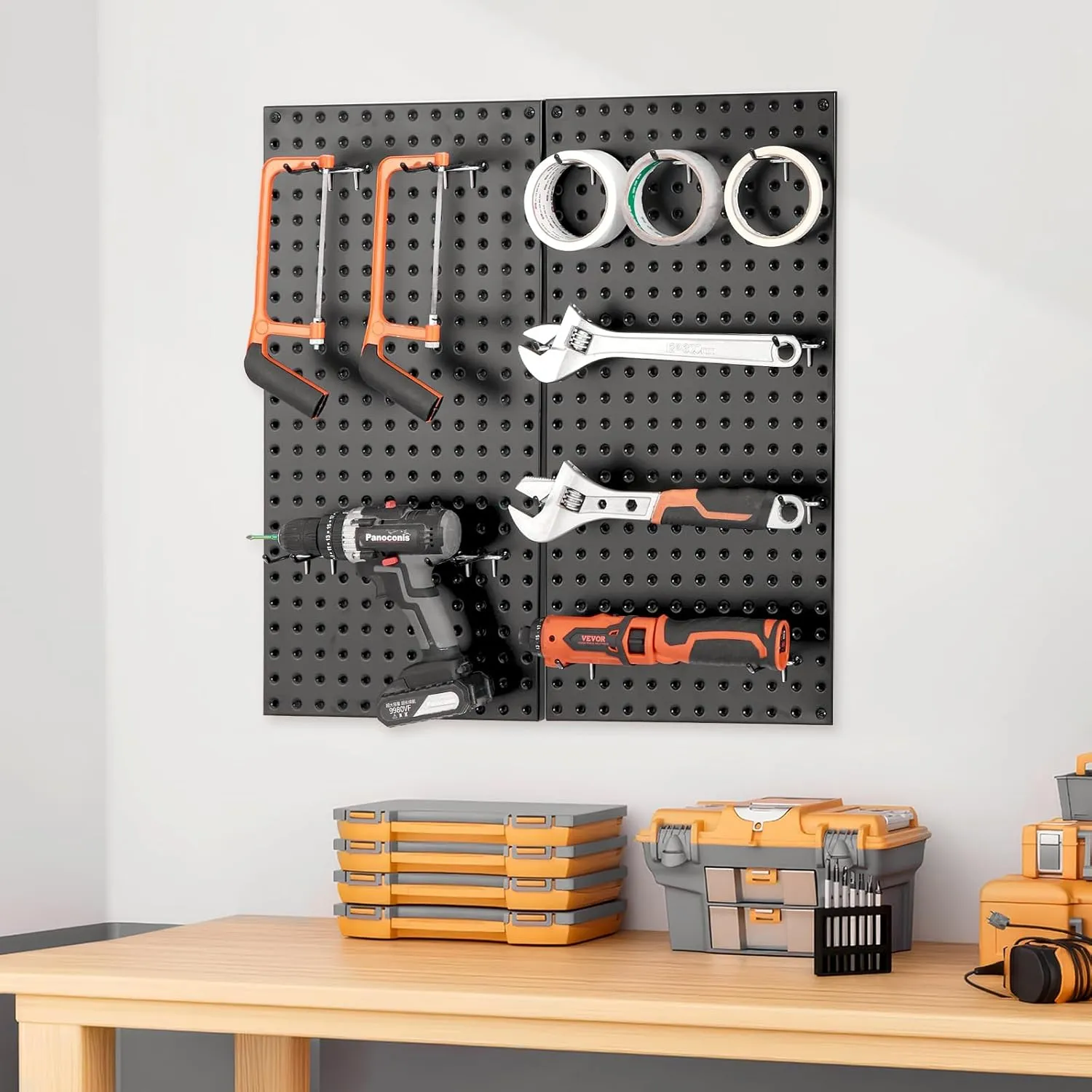 VEVOR Metal Pegboard Panels, 32" x 16" Pegboard, 2 Panels, Heavy Duty Steel Peg Board Wall Organizer, for Living Room Garage Tool Storage Workbench Office Organization Craft Room Kitchen Home, Black