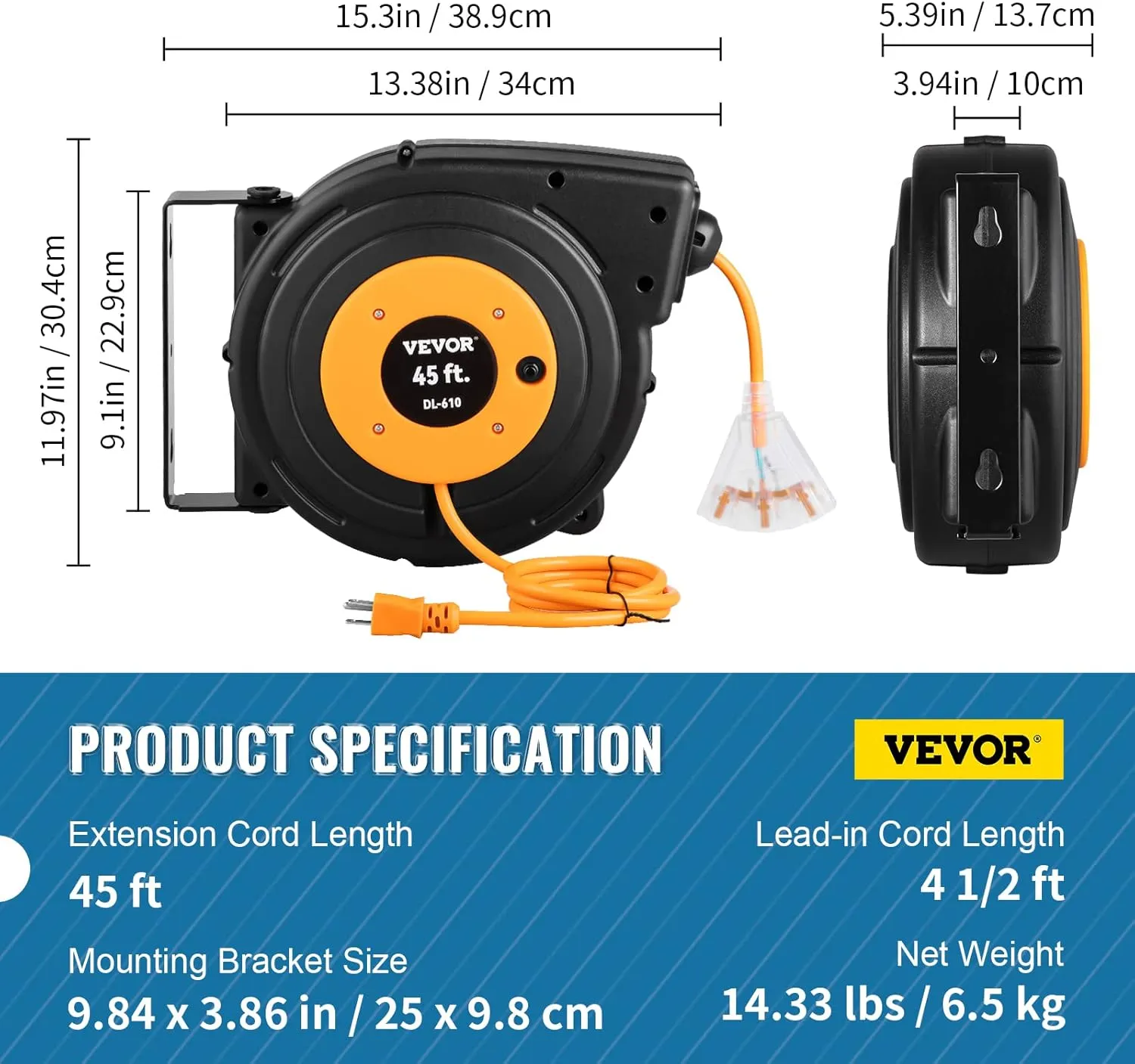 VEVOR Retractable Extension Cord Reel, 45 FT, Heavy Duty 12AWG/3C SJTOW Power Cord, with Lighted Triple Tap Outlet, 15 Amp Circuit Breaker, 180° Swivel Bracket for Ceiling or Wall Mount