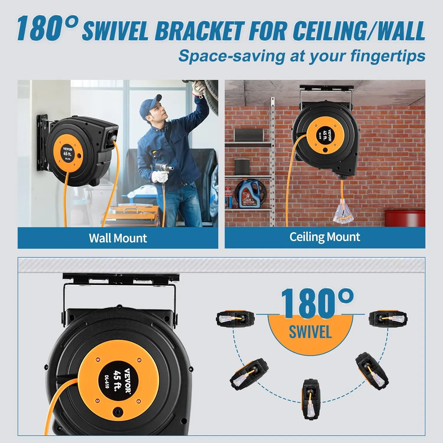 VEVOR Retractable Extension Cord Reel, 45 FT, Heavy Duty 12AWG/3C SJTOW Power Cord, with Lighted Triple Tap Outlet, 15 Amp Circuit Breaker, 180° Swivel Bracket for Ceiling or Wall Mount