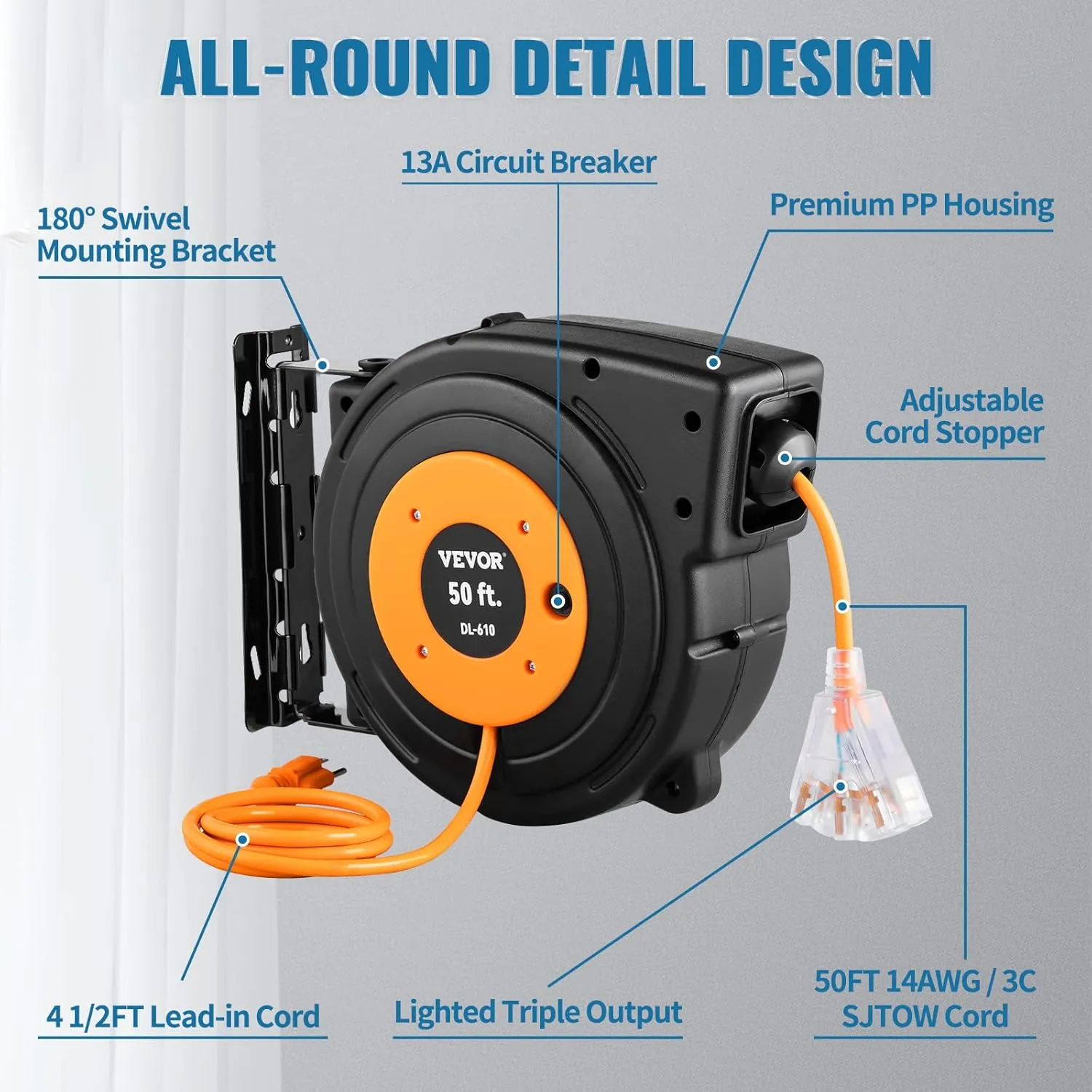 VEVOR Retractable Extension Cord Reel, 50 FT Heavy Duty 14AWG/3C SJTOW Power Cord with Lighted Triple Tap Outlet, 13 Amp Circuit Breaker, 180° Swivel Bracket for Ceiling or Wall Mount