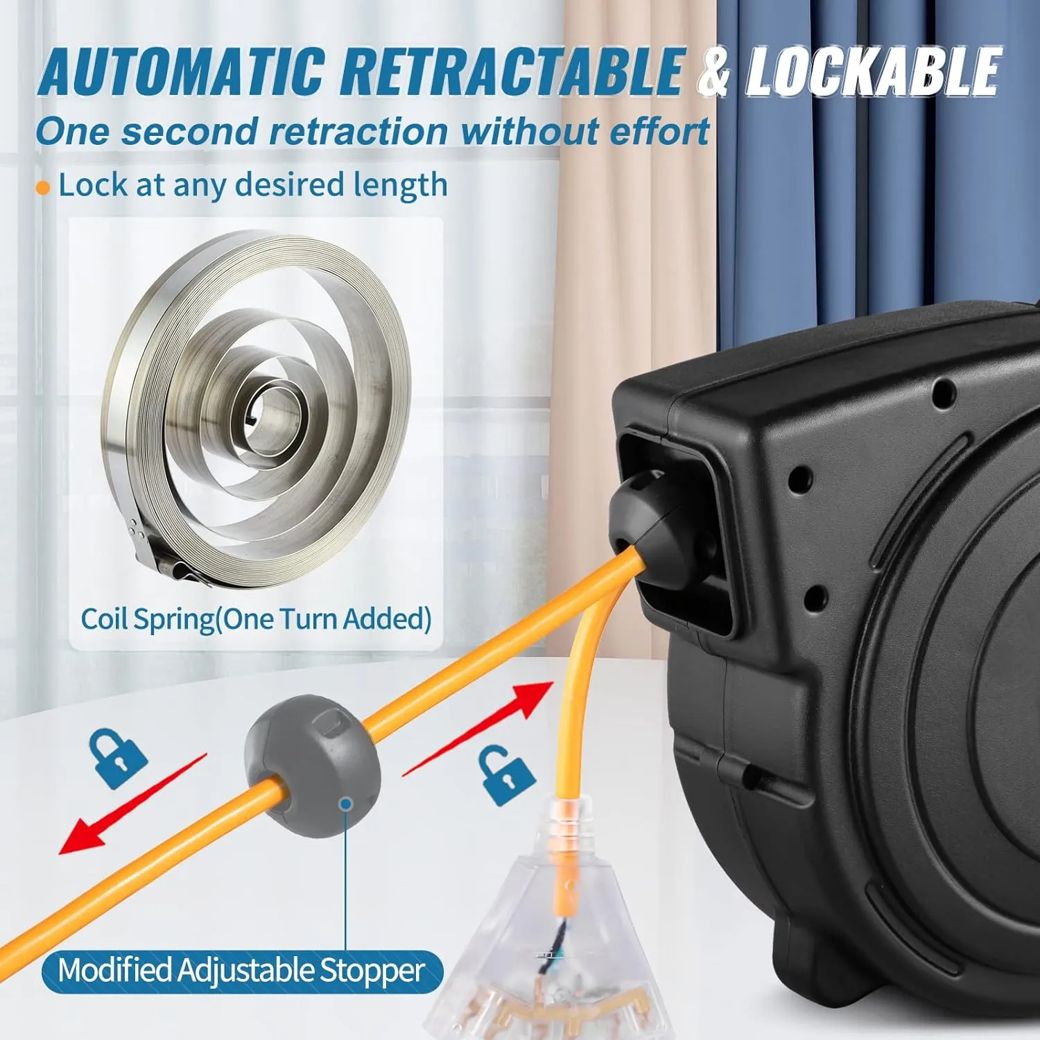VEVOR Retractable Extension Cord Reel, 50 FT Heavy Duty 14AWG/3C SJTOW Power Cord with Lighted Triple Tap Outlet, 13 Amp Circuit Breaker, 180° Swivel Bracket for Ceiling or Wall Mount