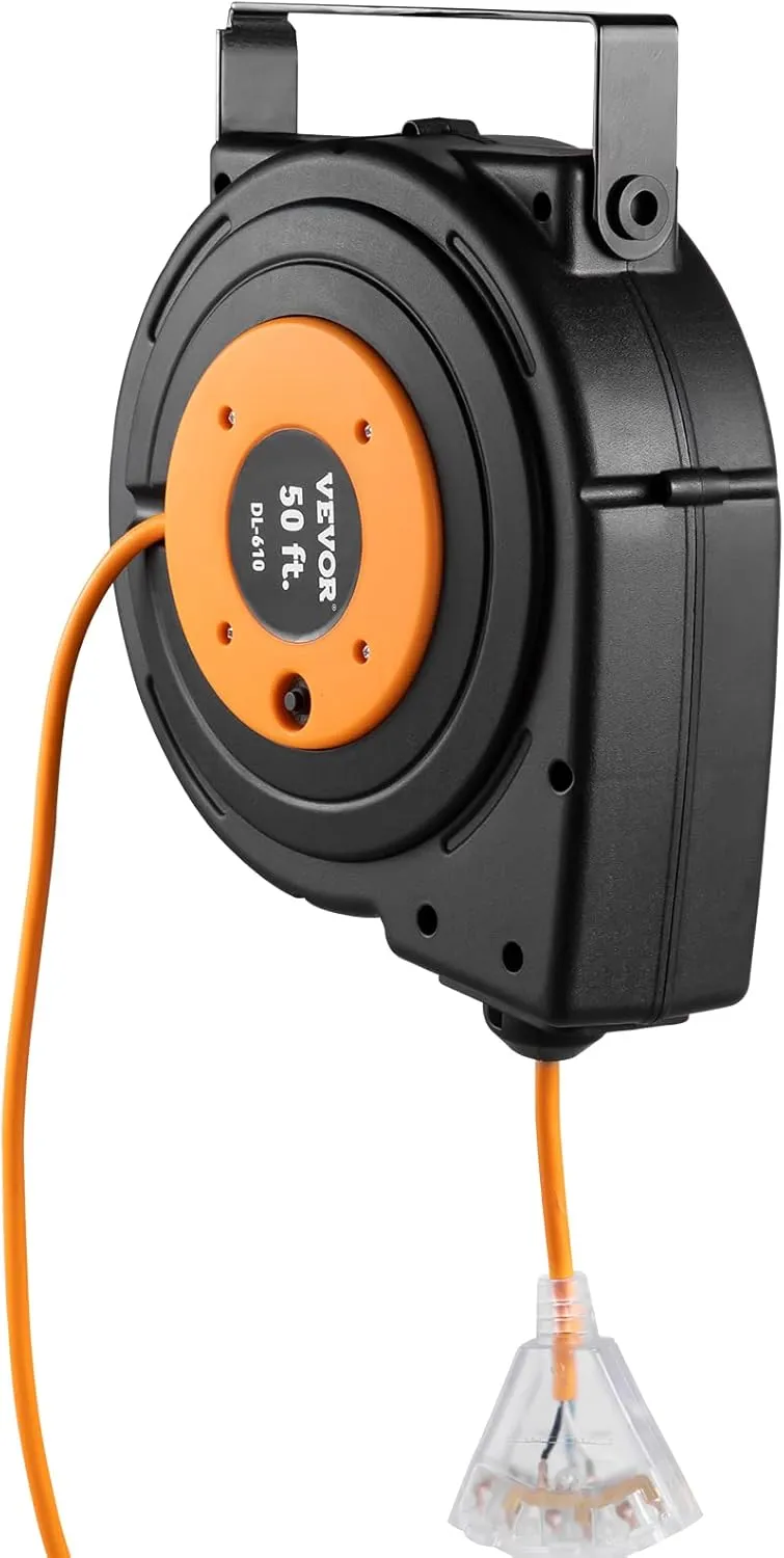 VEVOR Retractable Extension Cord Reel, 50 FT Heavy Duty 14AWG/3C SJTOW Power Cord with Lighted Triple Tap Outlet, 13 Amp Circuit Breaker, 180° Swivel Bracket for Ceiling or Wall Mount