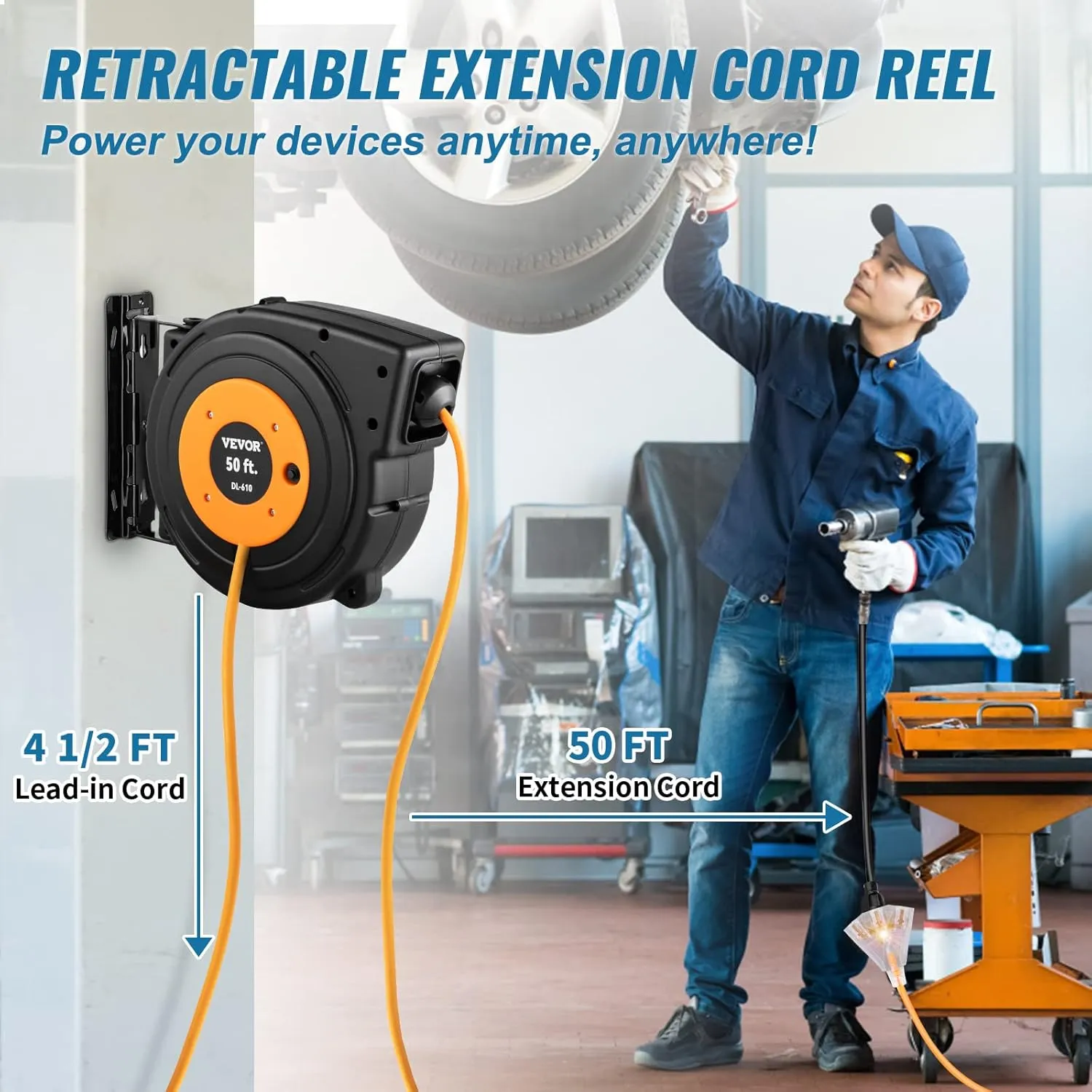 VEVOR Retractable Extension Cord Reel, 50 FT Heavy Duty 14AWG/3C SJTOW Power Cord with Lighted Triple Tap Outlet, 13 Amp Circuit Breaker, 180° Swivel Bracket for Ceiling or Wall Mount