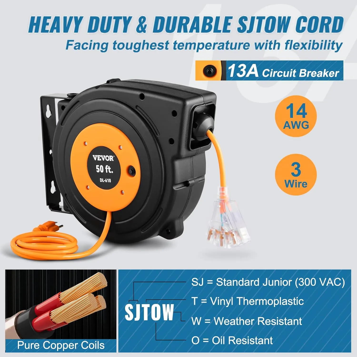 VEVOR Retractable Extension Cord Reel, 50 FT Heavy Duty 14AWG/3C SJTOW Power Cord with Lighted Triple Tap Outlet, 13 Amp Circuit Breaker, 180° Swivel Bracket for Ceiling or Wall Mount