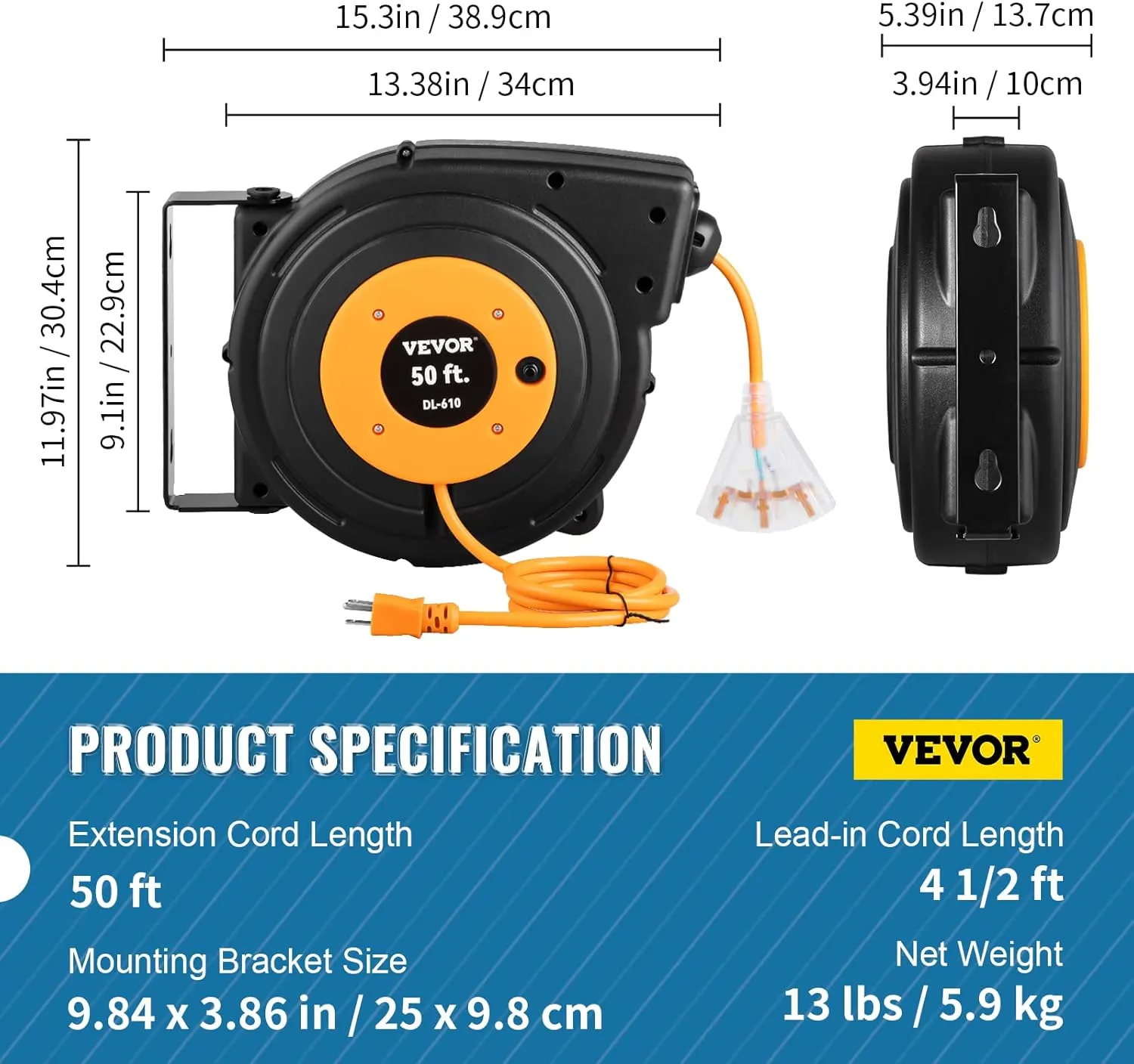 VEVOR Retractable Extension Cord Reel, 50 FT Heavy Duty 14AWG/3C SJTOW Power Cord with Lighted Triple Tap Outlet, 13 Amp Circuit Breaker, 180° Swivel Bracket for Ceiling or Wall Mount