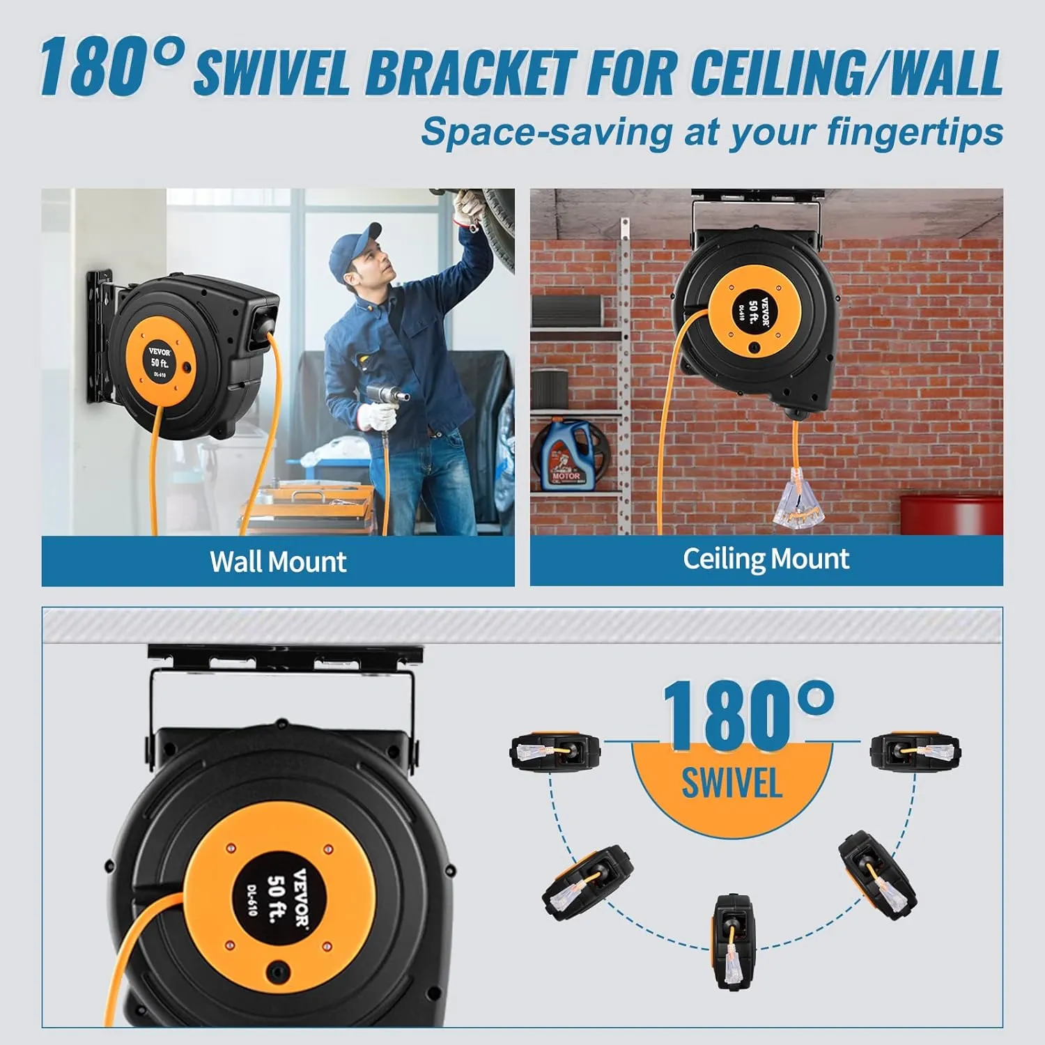 VEVOR Retractable Extension Cord Reel, 50 FT Heavy Duty 14AWG/3C SJTOW Power Cord with Lighted Triple Tap Outlet, 13 Amp Circuit Breaker, 180° Swivel Bracket for Ceiling or Wall Mount