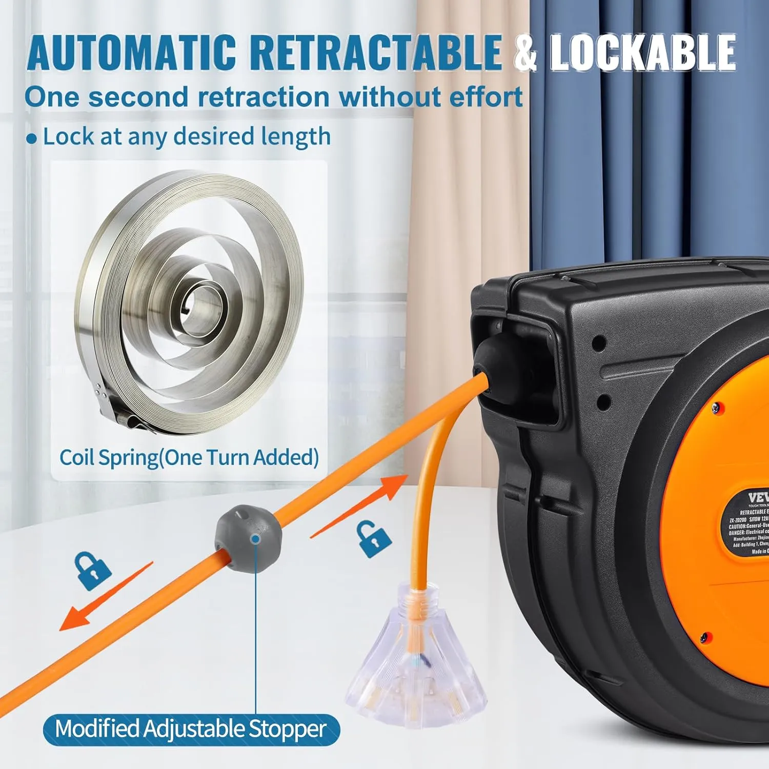 VEVOR Retractable Extension Cord Reel, 65 FT, Heavy Duty 12AWG/3C SJTOW Power Cord, with Lighted Triple Tap Outlet, 15 Amp Circuit Breaker, 180° Swivel Bracket for Ceiling or Wall Mount