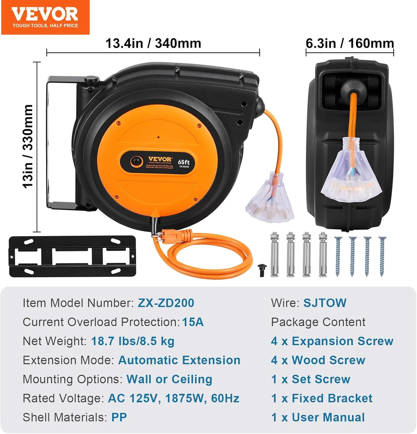 VEVOR Retractable Extension Cord Reel, 65 FT, Heavy Duty 12AWG/3C SJTOW Power Cord, with Lighted Triple Tap Outlet, 15 Amp Circuit Breaker, 180° Swivel Bracket for Ceiling or Wall Mount