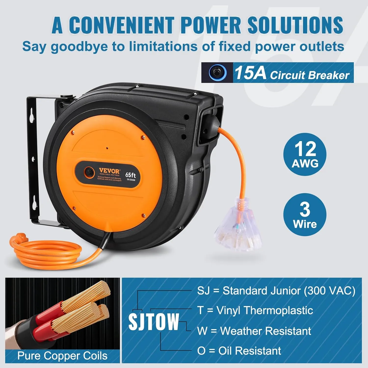 VEVOR Retractable Extension Cord Reel, 65 FT, Heavy Duty 12AWG/3C SJTOW Power Cord, with Lighted Triple Tap Outlet, 15 Amp Circuit Breaker, 180° Swivel Bracket for Ceiling or Wall Mount