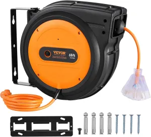 VEVOR Retractable Extension Cord Reel, 65 FT, Heavy Duty 12AWG/3C SJTOW Power Cord, with Lighted Triple Tap Outlet, 15 Amp Circuit Breaker, 180° Swivel Bracket for Ceiling or Wall Mount