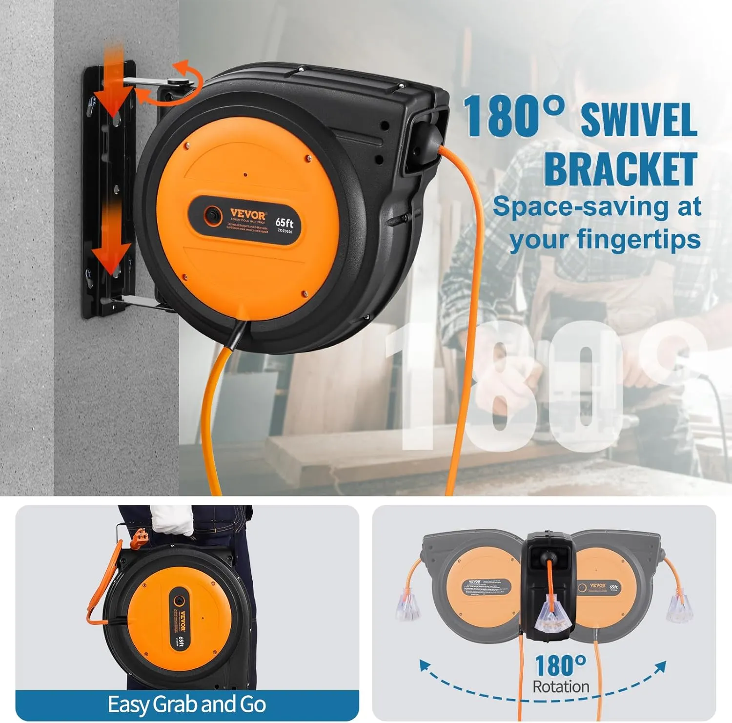 VEVOR Retractable Extension Cord Reel, 65 FT, Heavy Duty 12AWG/3C SJTOW Power Cord, with Lighted Triple Tap Outlet, 15 Amp Circuit Breaker, 180° Swivel Bracket for Ceiling or Wall Mount