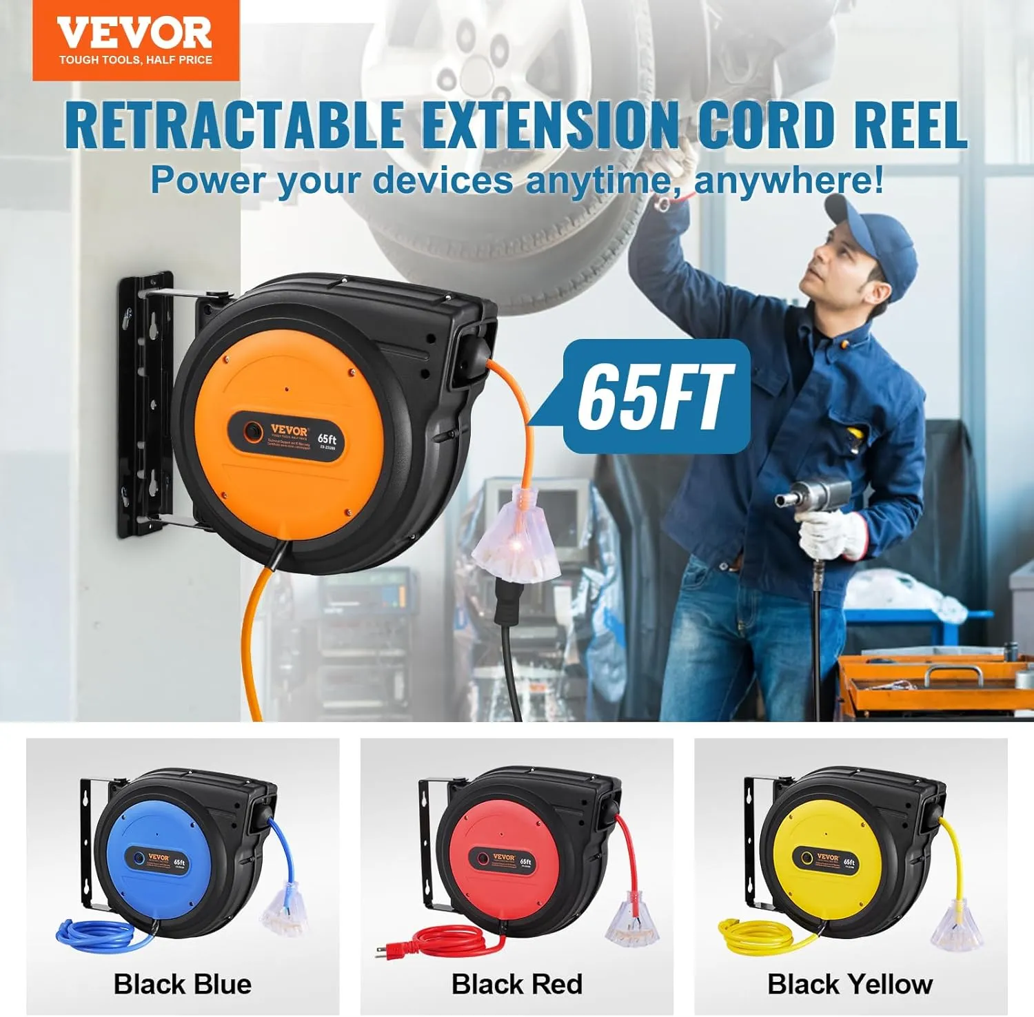 VEVOR Retractable Extension Cord Reel, 65 FT, Heavy Duty 12AWG/3C SJTOW Power Cord, with Lighted Triple Tap Outlet, 15 Amp Circuit Breaker, 180° Swivel Bracket for Ceiling or Wall Mount