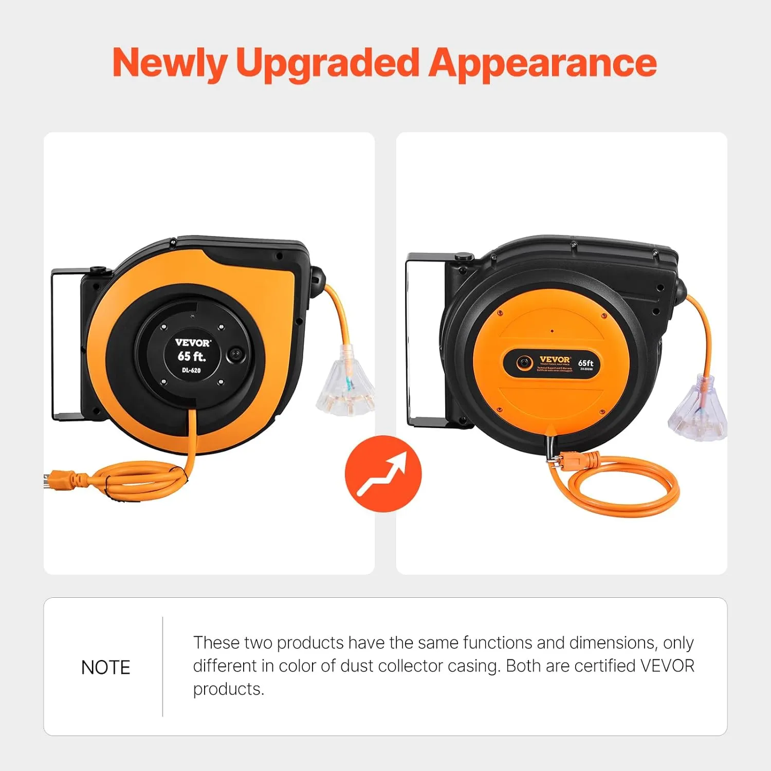 VEVOR Retractable Extension Cord Reel, 65 FT, Heavy Duty 12AWG/3C SJTOW Power Cord, with Lighted Triple Tap Outlet, 15 Amp Circuit Breaker, 180° Swivel Bracket for Ceiling or Wall Mount