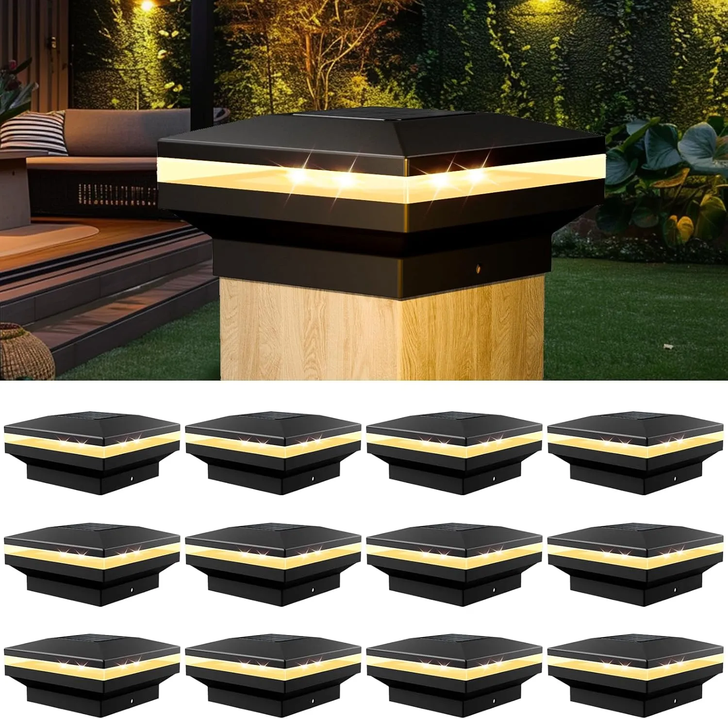 Viewsun 12 Pack Solar Post Cap Lights, Outdoor Fence Post Lights Solar Powered Caps for Deck, Patio, Garden Decor, Warm White High Brightness SMD LED Lighting, Only Fits for 4x4 Wooden Posts