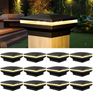 Viewsun 12 Pack Solar Post Cap Lights, Outdoor Fence Post Lights Solar Powered Caps for Deck, Patio, Garden Decor, Warm White High Brightness SMD LED Lighting, Only Fits for 4x4 Wooden Posts
