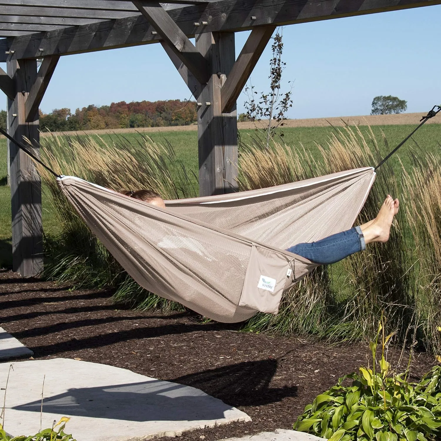 Vivere Double Polyester Mesh Hammock - 400 lb Capacity (Sand/Sky)