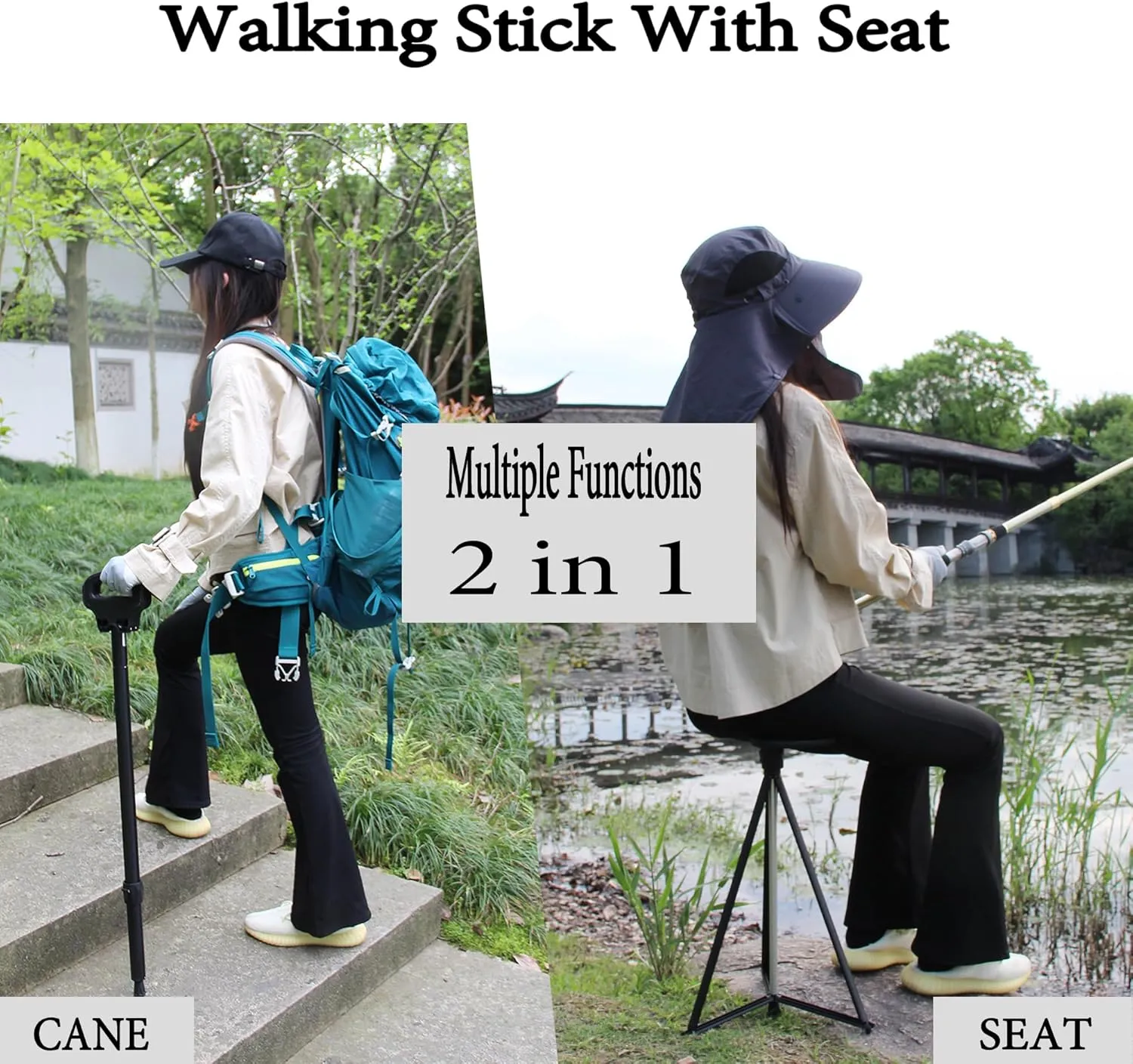 Walking Cane with Seat for Men & Women,Portable Cane Seat with Carry Bag,Lightweight Anti-Slip Walking Stick for Seniors & Adults,Foldable Adjustable Cane Chair for Travel Hiking