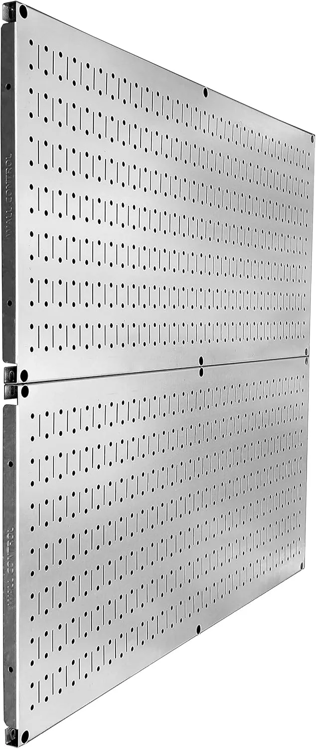 Wall Control Pegboard Rack Garage Storage Galvanized Steel Horizontal Peg Board Pack - Two 32-Inch x 16-Inch Shiny Metallic Metal WallBoard Tool Organization Panels