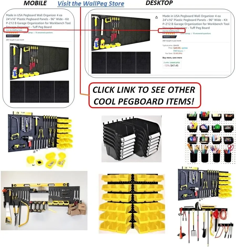 WallPeg Pegboard Wall Organizer - 96” Wide | 4 Pack 24”x16” Heavy Duty Plastic Peg Boards | Made in USA | Garage Tool Storage, Workshop, Craft Room, Office Wall Organizer | Tuff Peg-Board Panels