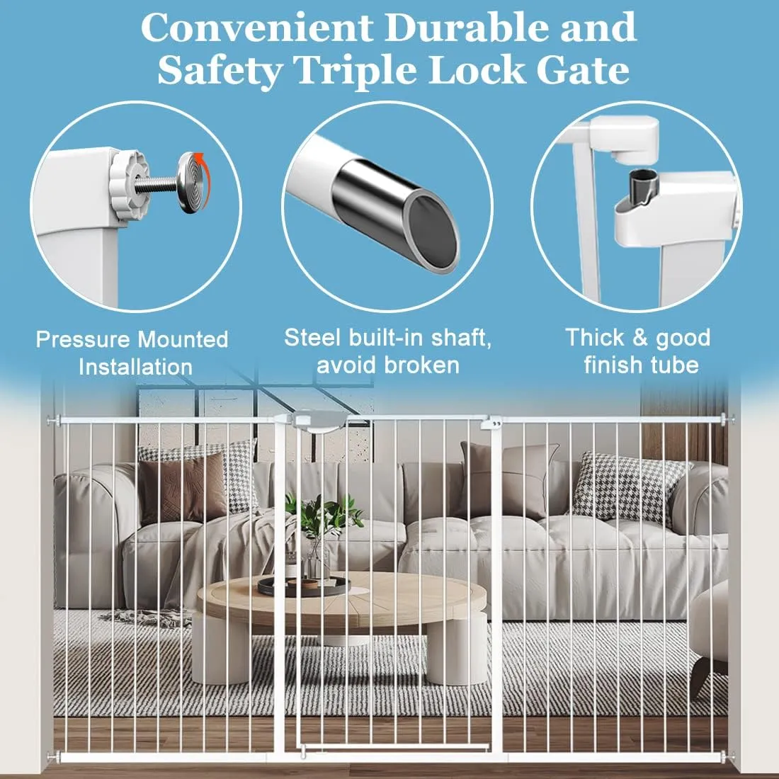 WAOWAO 36.22" Extra Tall Triple Lock Baby Gate Wide 25.59-28.34" Pressure Mounted Walk Through Swing Auto Close Safety White Metal Toddler Kids Child Dog Pet Puppy Gate for Indoor Stairs